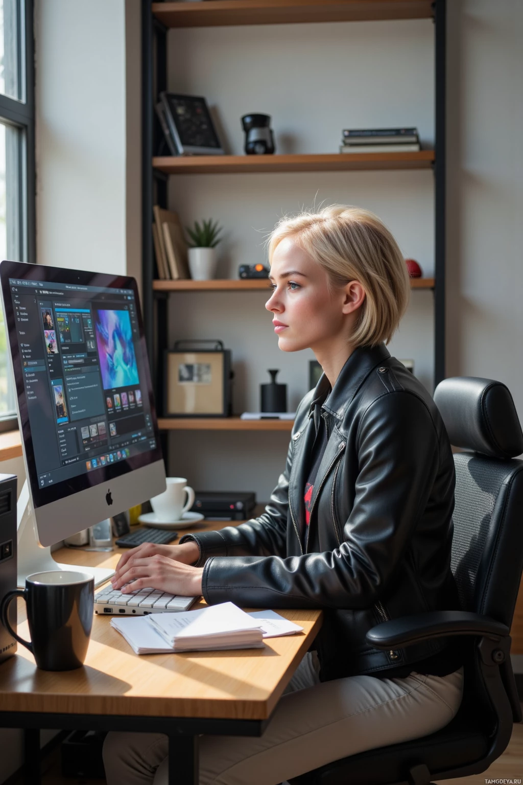 A person in a leather jacket works at a desk with a computer and office supplies.