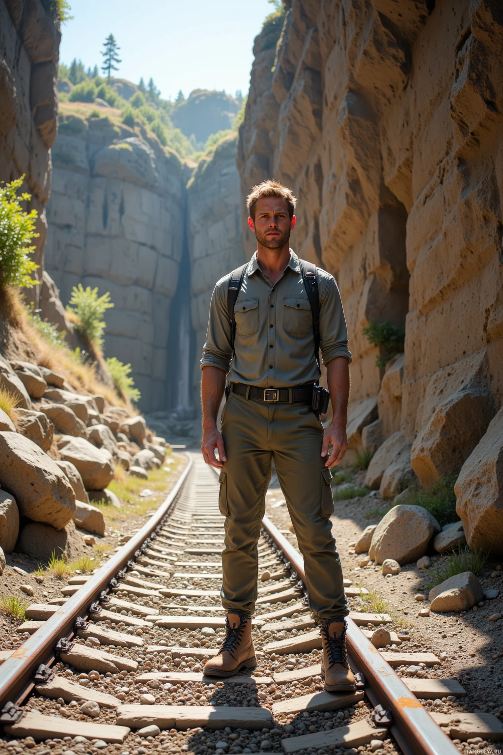 A man stands on a railway track in a narrow canyon.