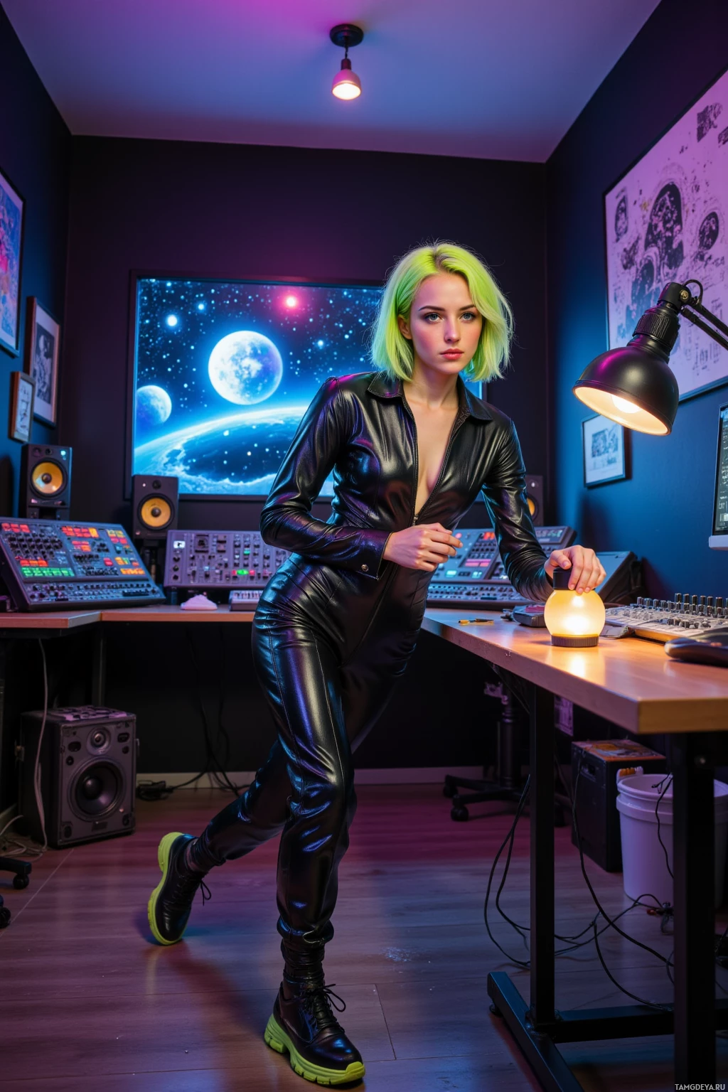 A person in a black leather outfit stands in a studio with a glowing orb and a space-themed backdrop.