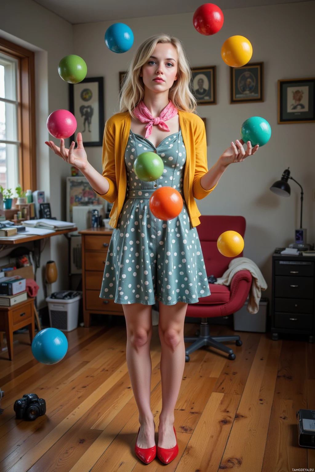 A person in a polka-dot dress juggles colorful balls indoors.