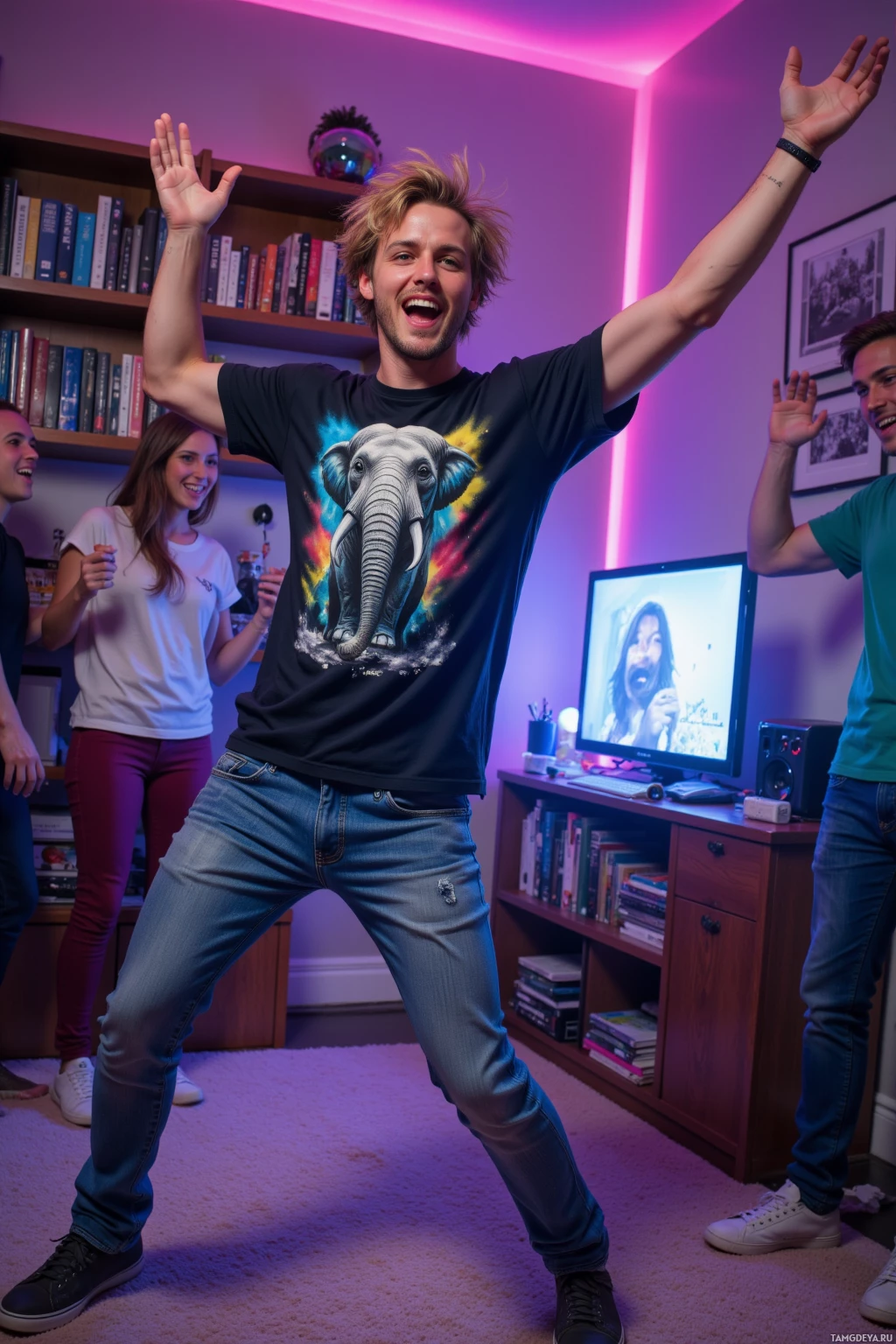 A person in a room with neon lighting dances while wearing a t-shirt with an elephant graphic.