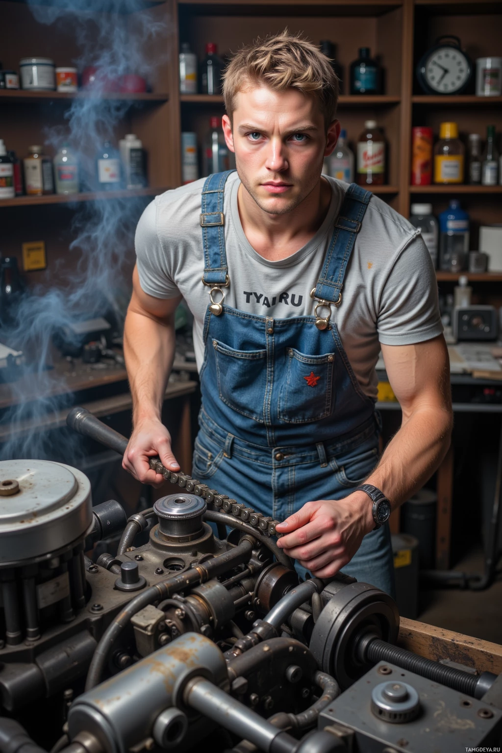 A man in overalls works on a mechanical engine in a workshop.