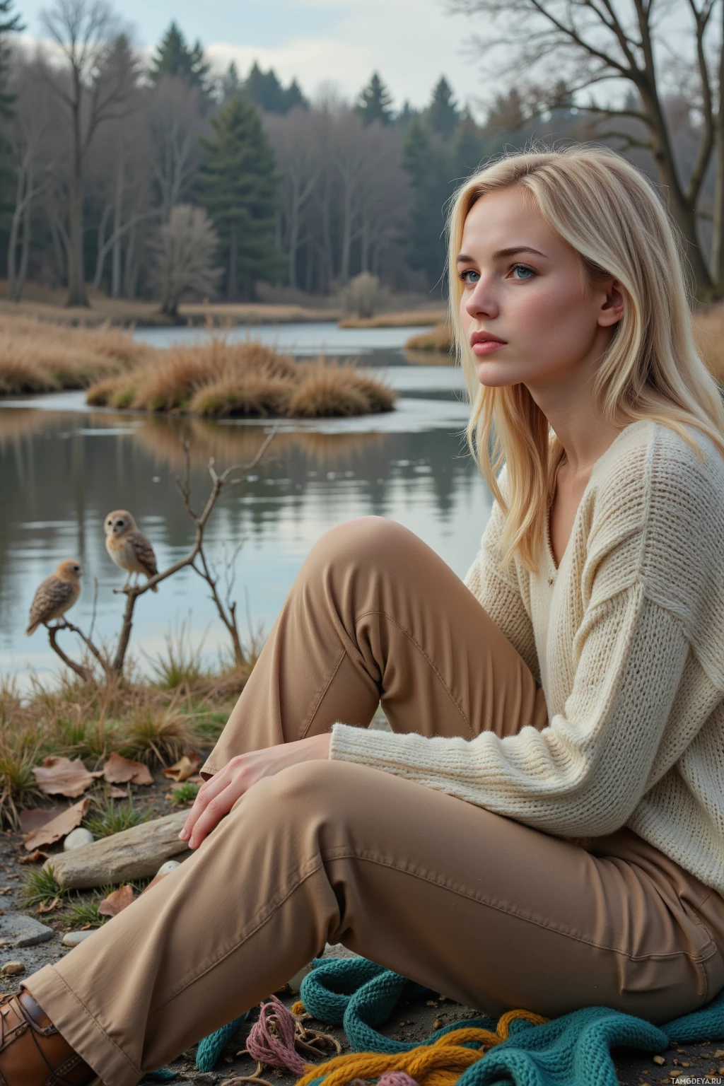 A person sits by a serene lakeside, surrounded by nature, with birds perched nearby.