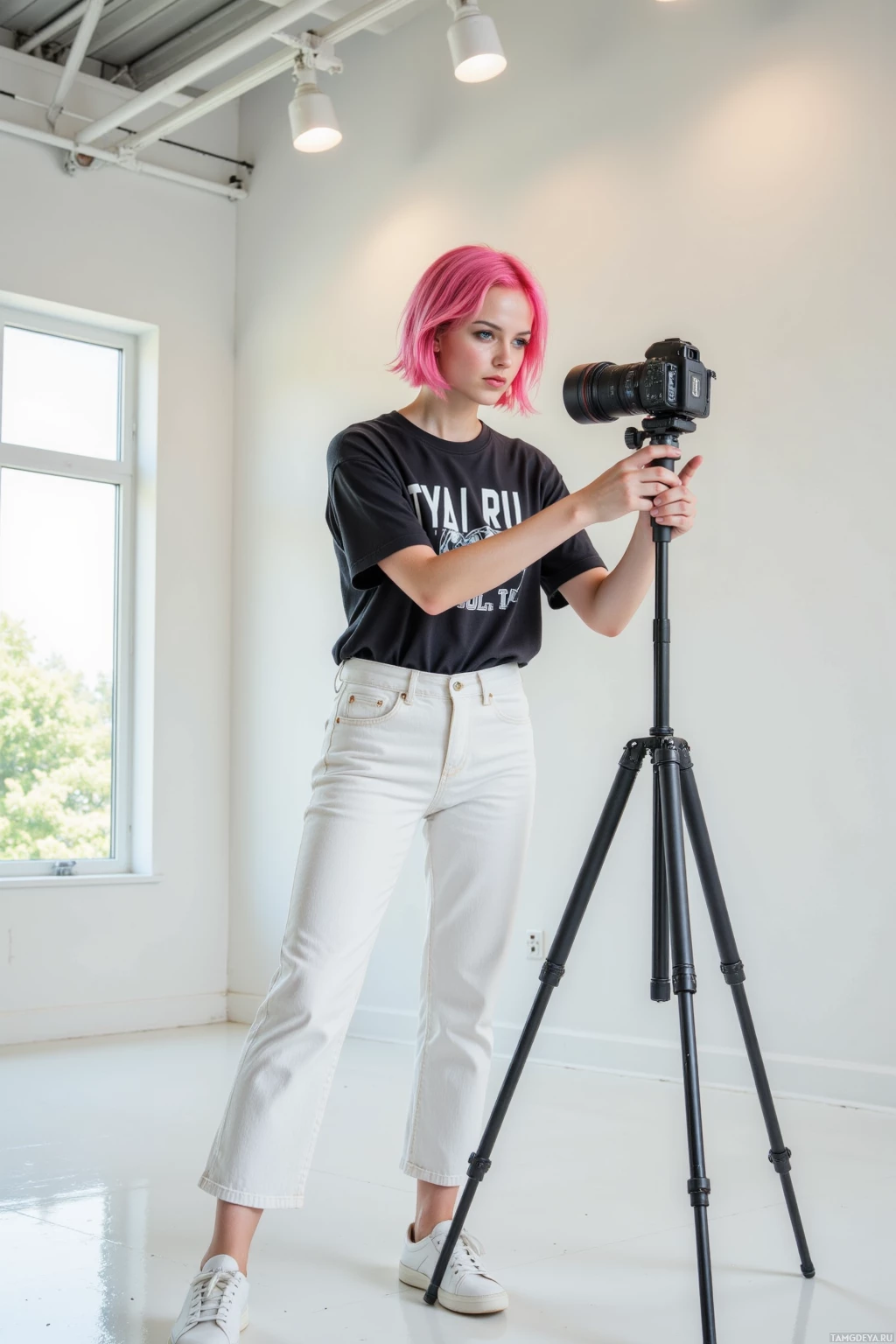A person with pink hair stands in a studio holding a camera on a tripod.