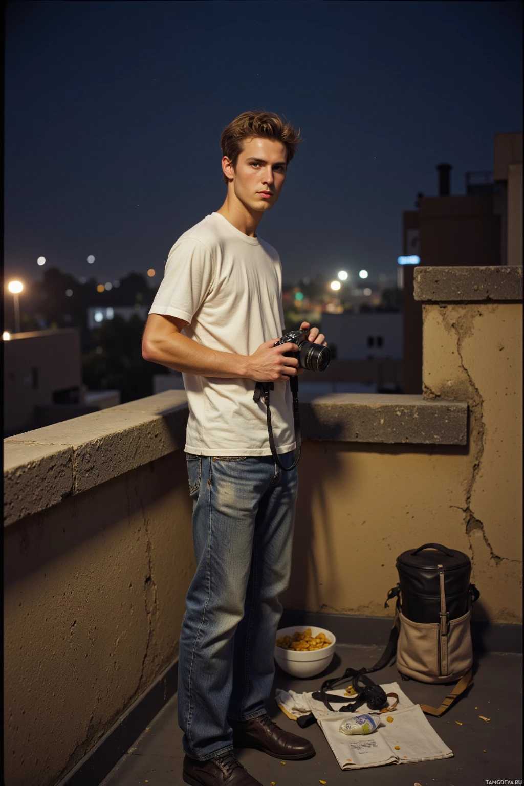 A person stands on a rooftop at dusk, holding a camera, with a bowl of snacks and a bag nearby.