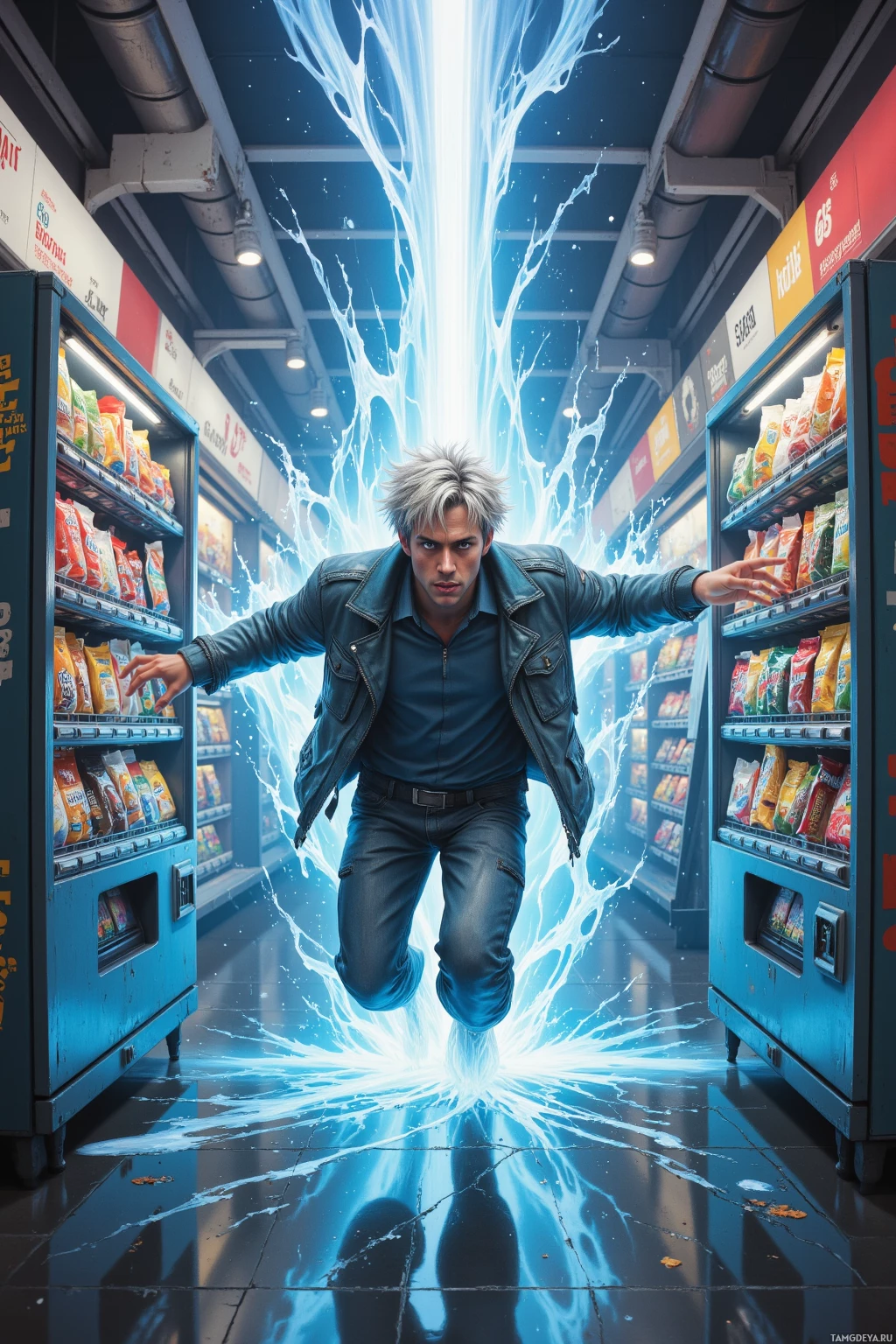 A man in a leather jacket appears to be levitating in a vending machine aisle with electric energy effects surrounding him.