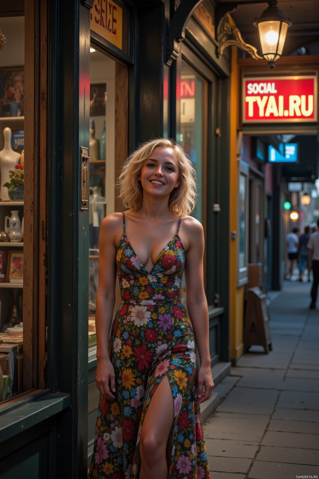 A woman in a floral dress stands smiling by a storefront on a street at dusk.