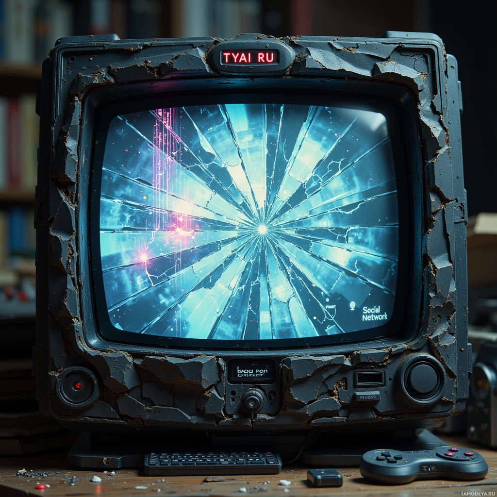 A cracked, old television set displaying a glowing, abstract pattern on its screen.