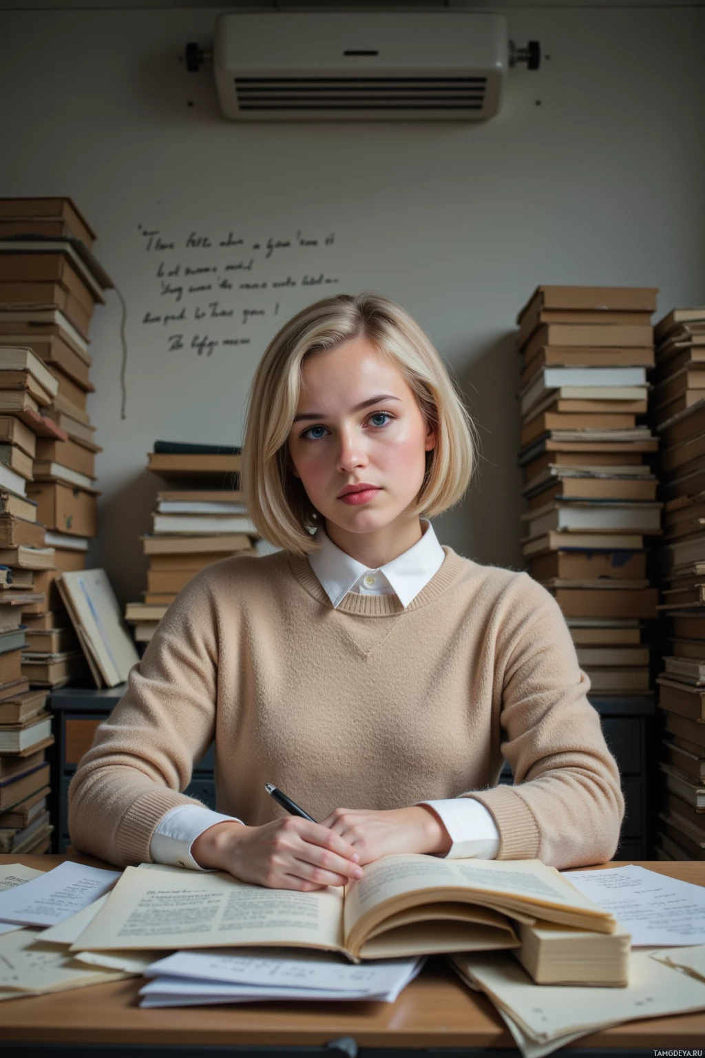 A person sits at a desk surrounded by books and papers, holding a pen over an open book.