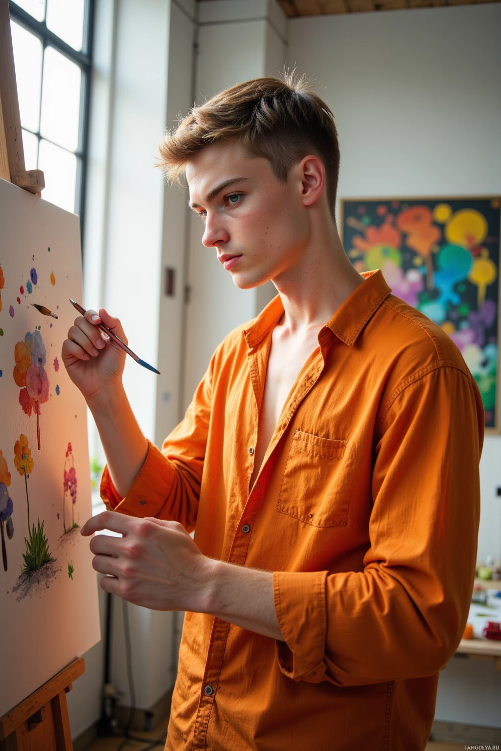 A person wearing an orange shirt is painting on canvas in a studio setting.