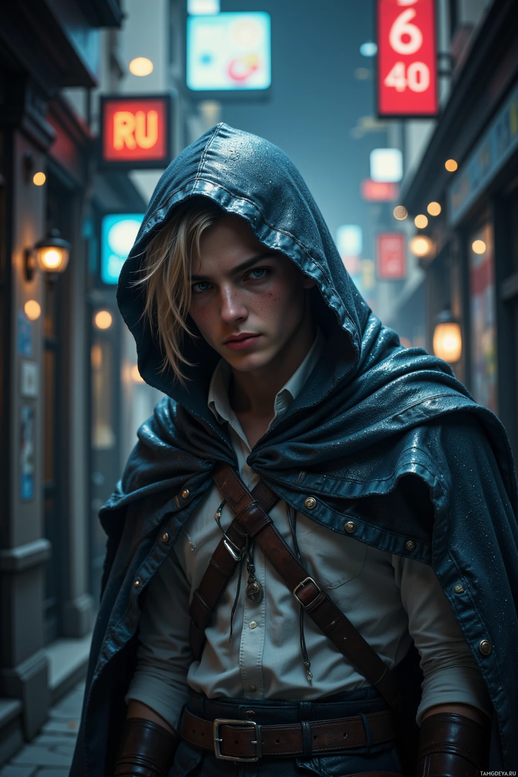 A person wearing a hooded cloak and utility belt stands in a dimly lit alleyway with neon signs.