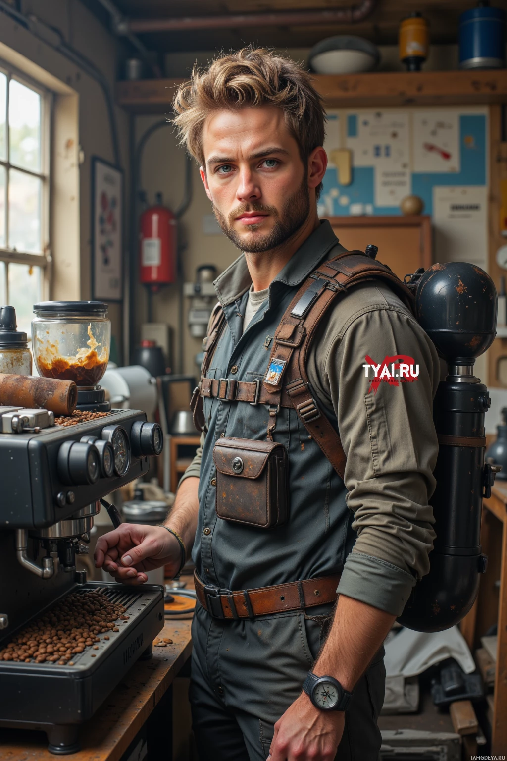 A person in rugged attire operates an espresso machine in what appears to be a workshop setting.