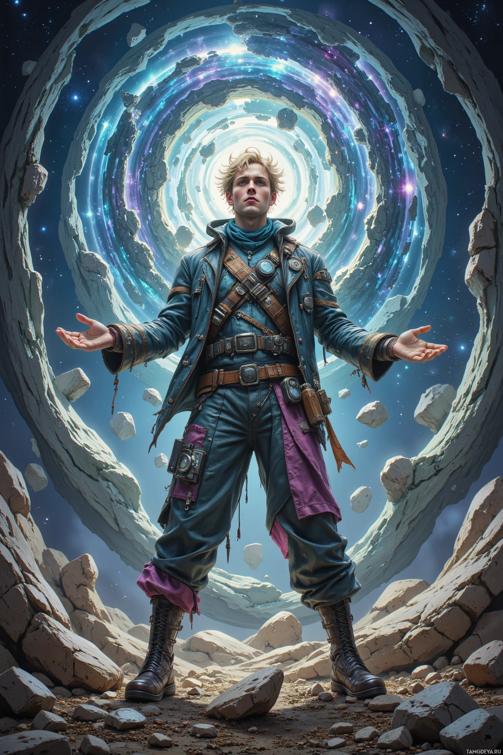 A person stands in a futuristic, space-themed environment with a circular portal in the background.