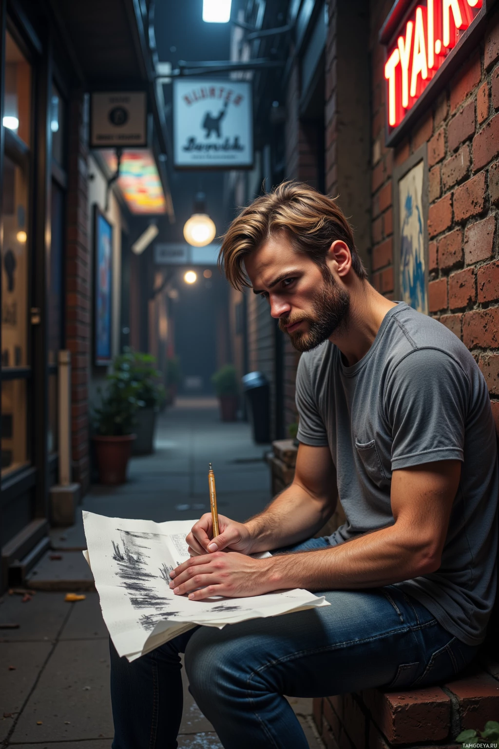 A man sits on a brick ledge in an alleyway, sketching on a piece of paper.