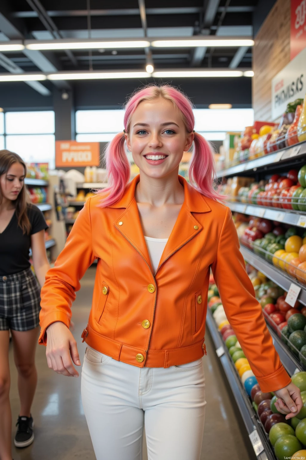 A person with pink hair in pigtails wears an orange jacket and white pants while shopping in a grocery store aisle.