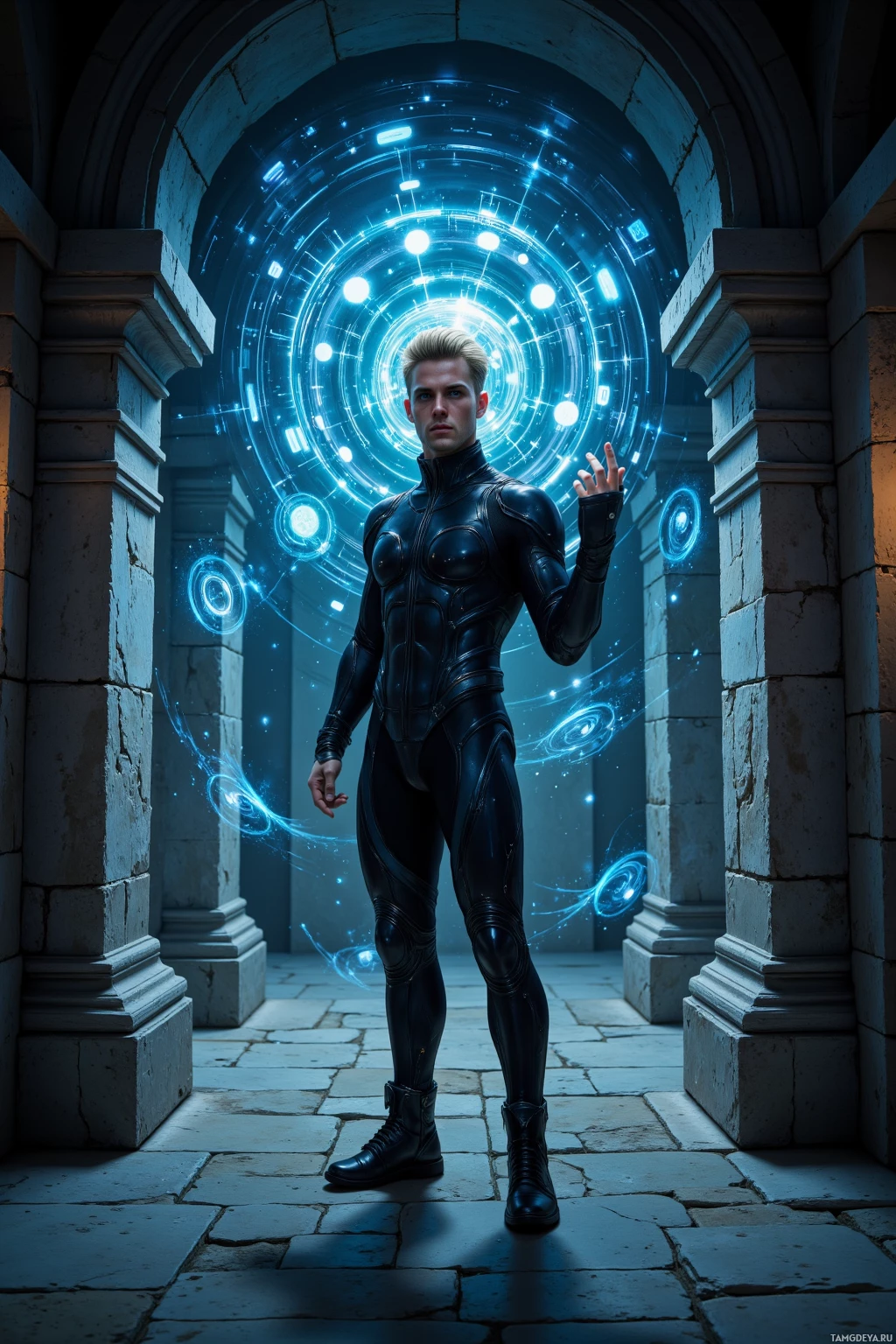 A person in a futuristic, form-fitting suit stands in a stone archway with glowing, circular patterns in the background.