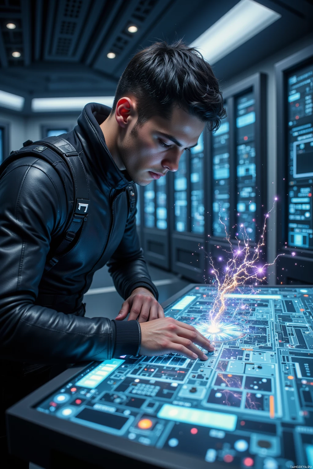 A person in a futuristic setting interacts with an advanced control panel emitting light effects.
