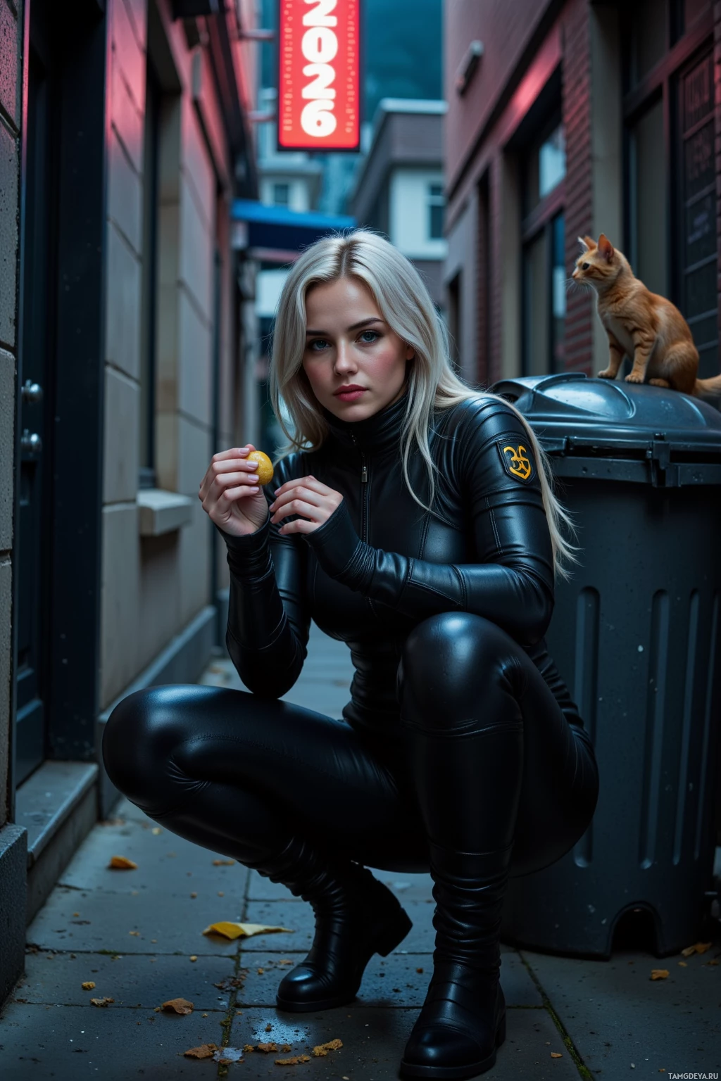 A person in a black leather outfit crouches on a sidewalk, holding a small object, with a cat perched on a trash bin in the background.