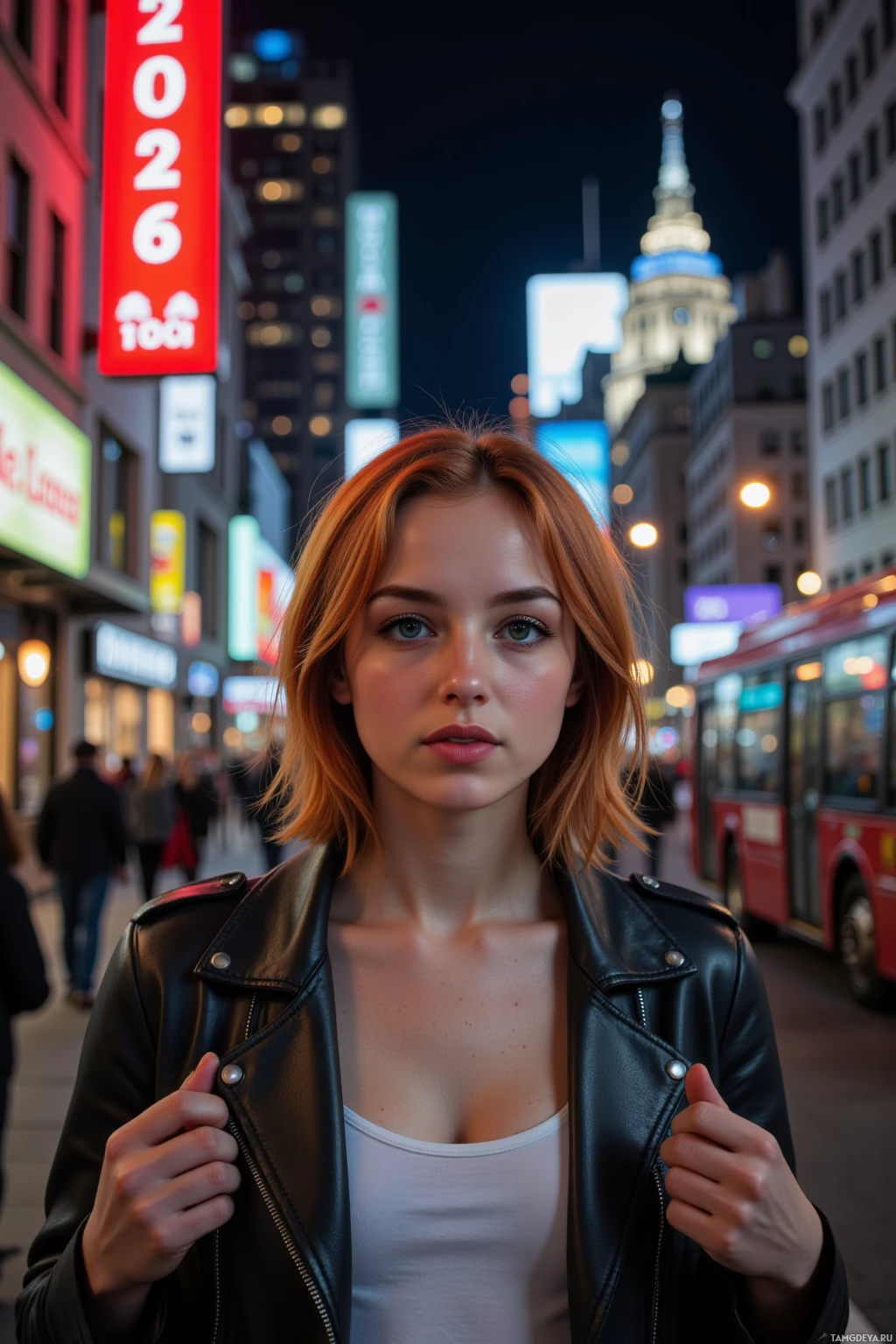 A person in a leather jacket stands on a city street at night, with illuminated signs and a bus in the background.