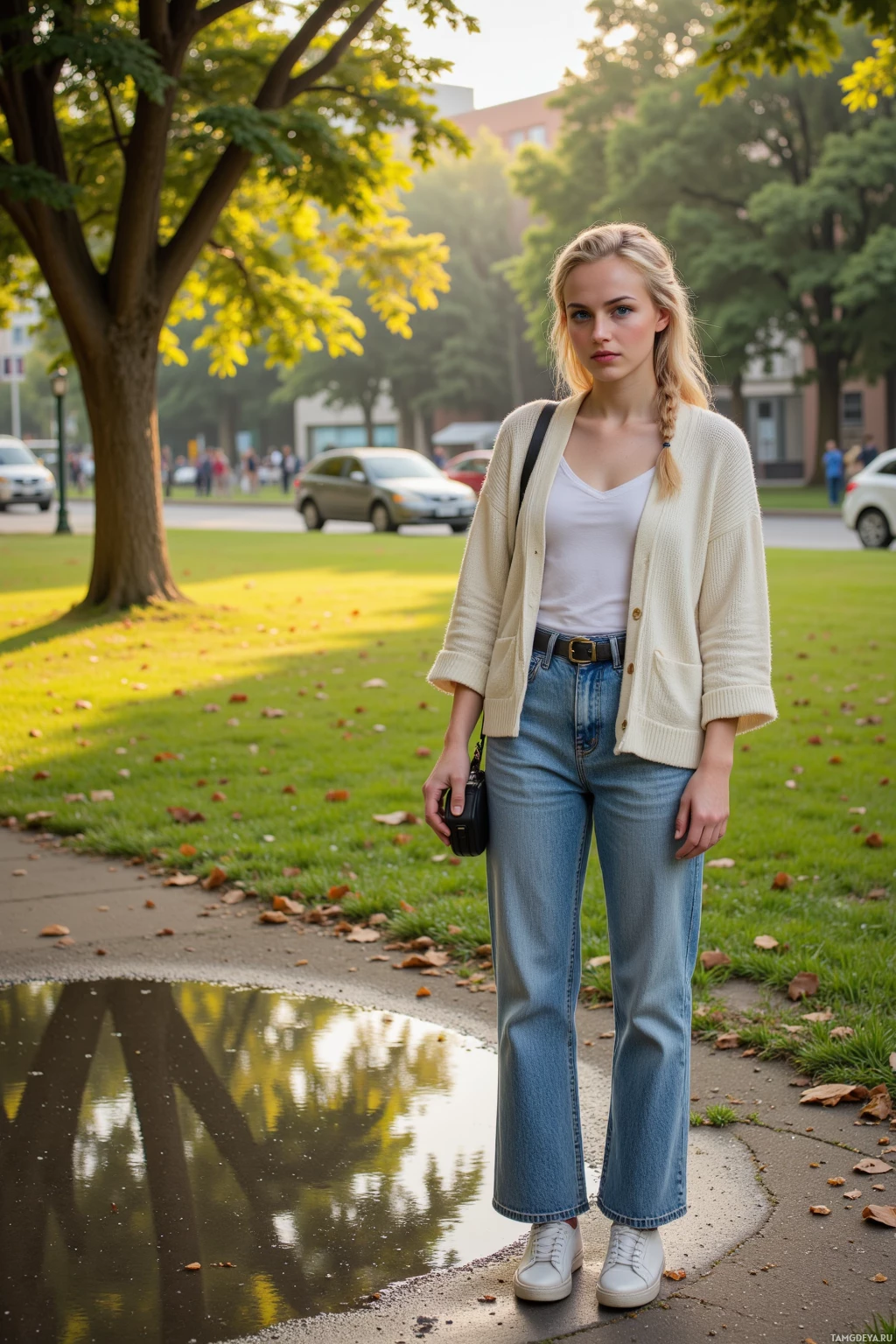 A person stands outdoors in a park-like setting, wearing a white cardigan, white tank top, blue jeans, and white sneakers.