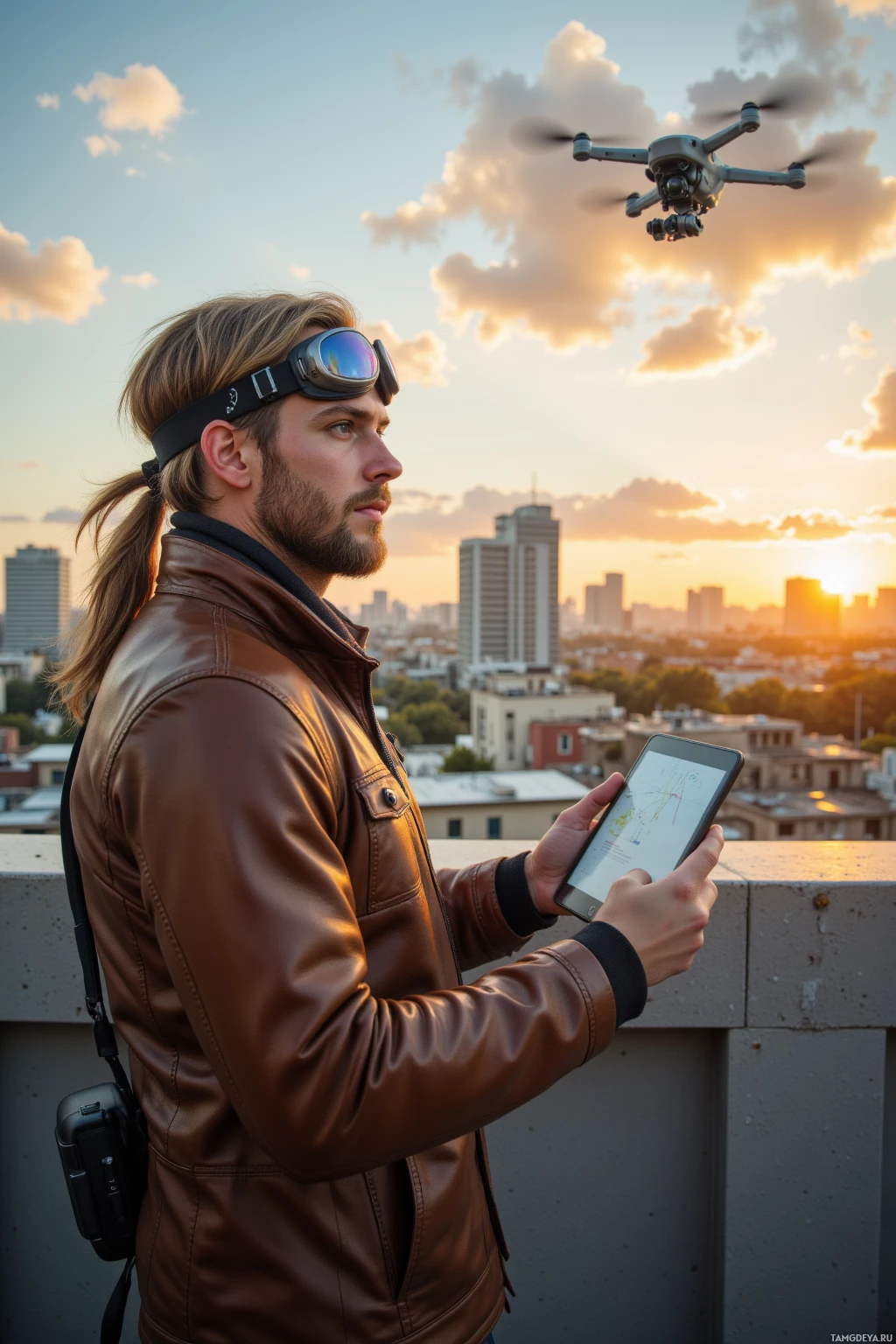 A man in a brown leather jacket stands on a rooftop, holding a tablet and wearing goggles, with a drone flying above him against a sunset sky.