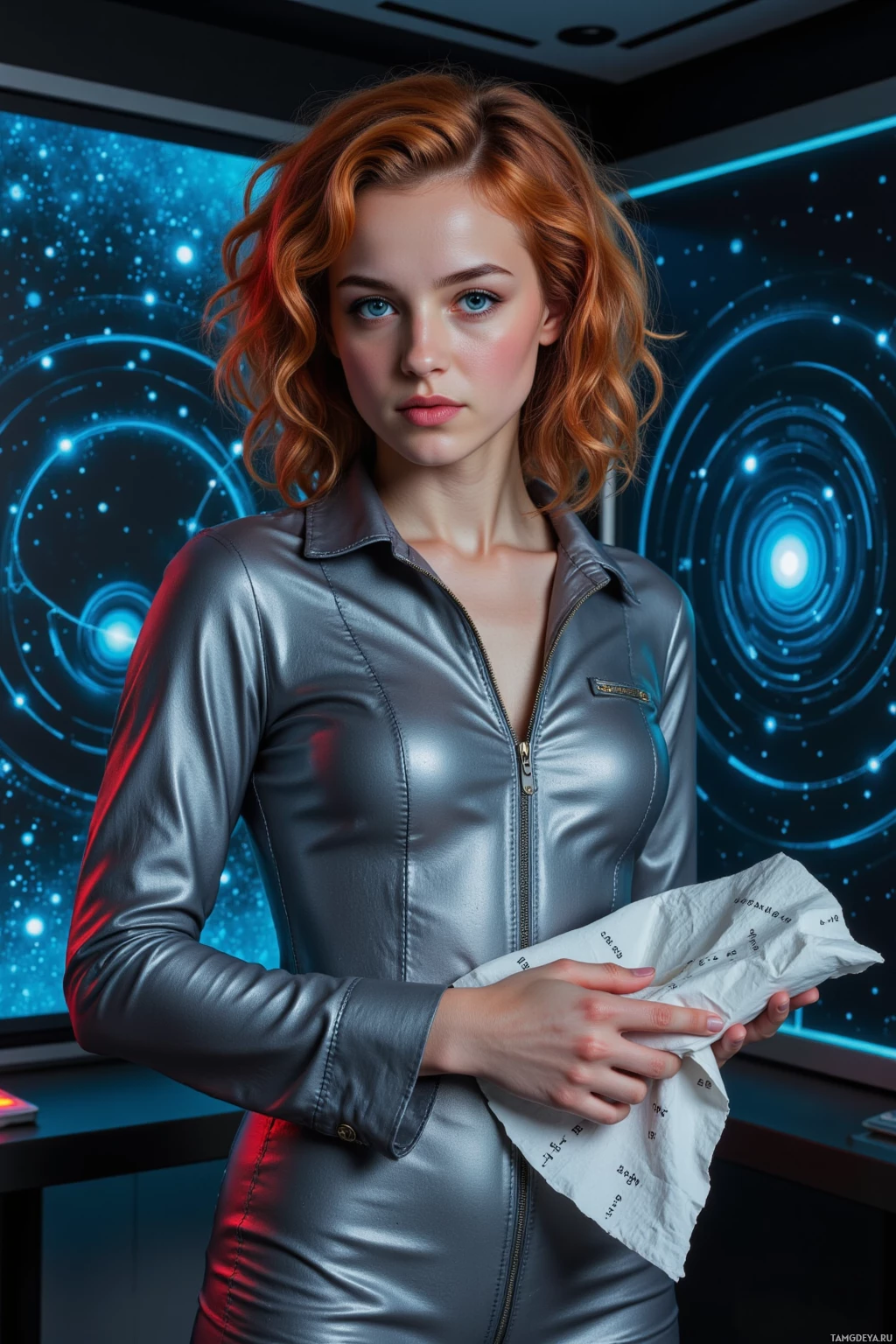 A person in a metallic silver outfit stands in a futuristic setting with glowing blue circles and stars in the background.