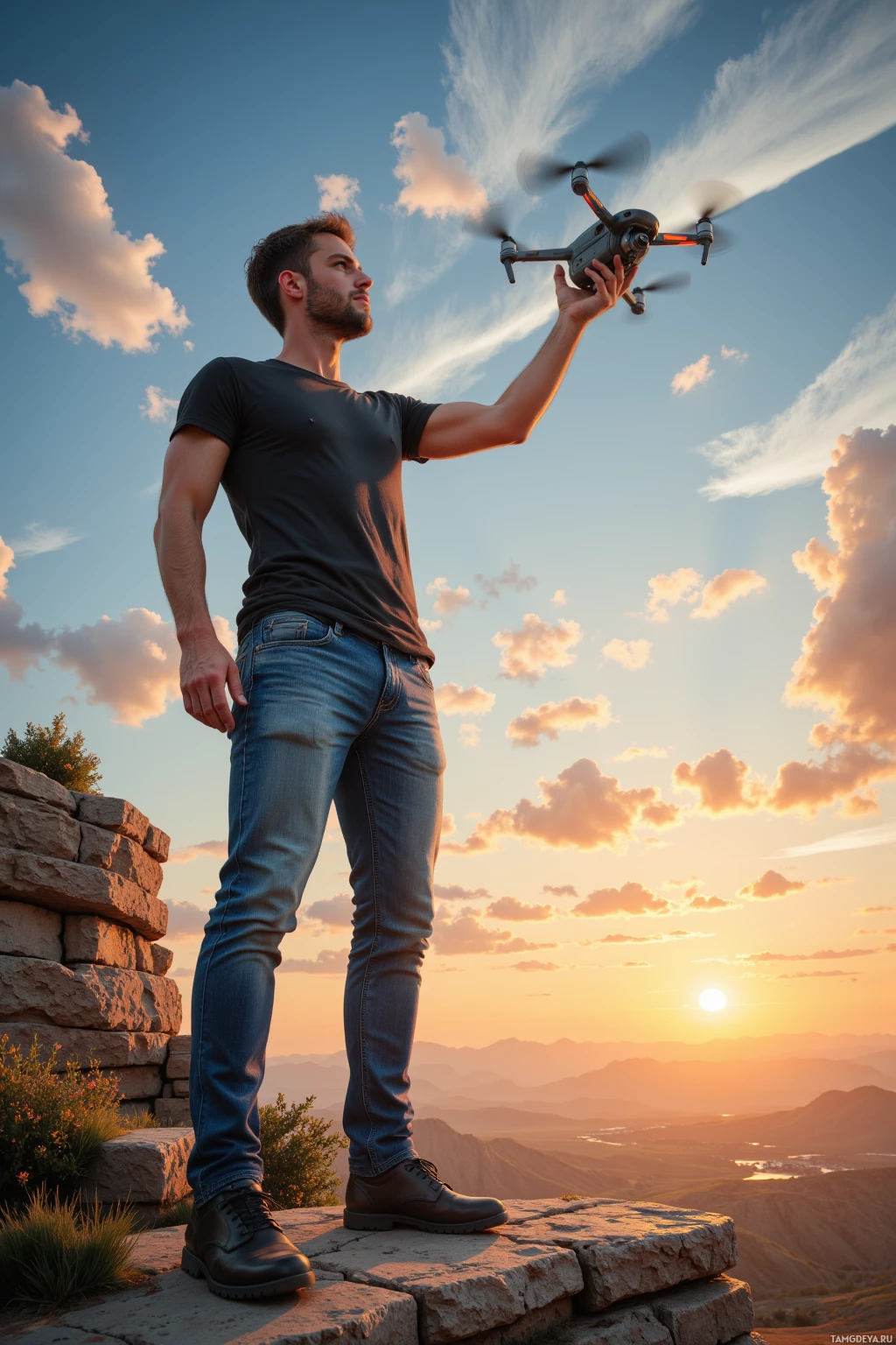 A person stands on a rocky outcrop, holding a drone, with a scenic sunset and layered mountains in the background.