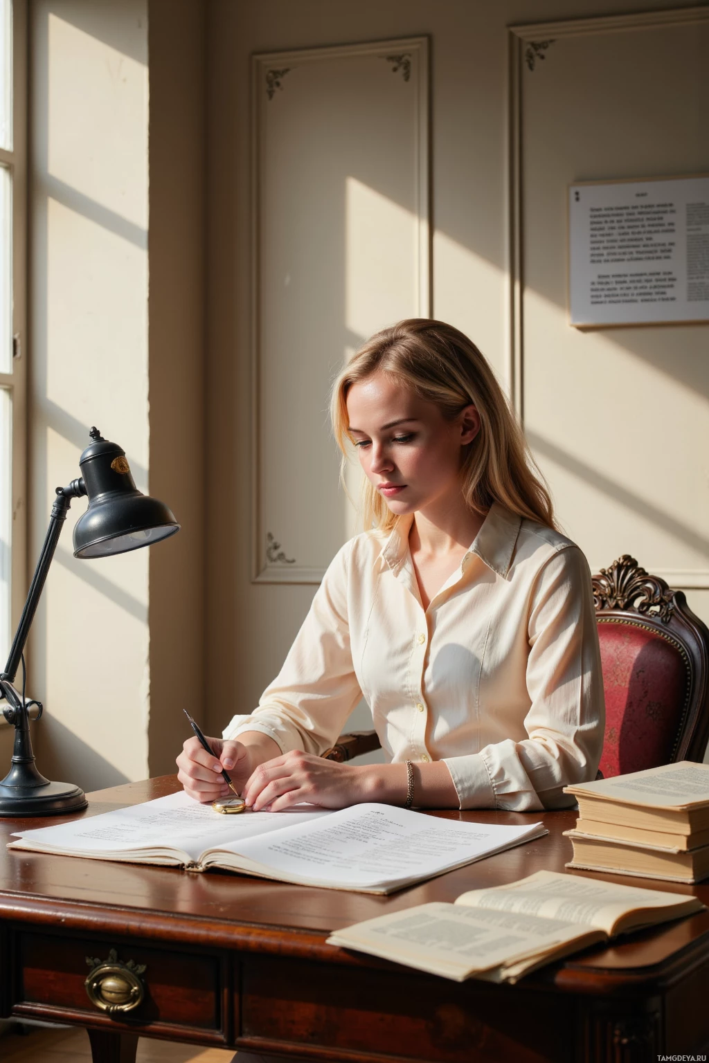 A woman is sitting at a desk, writing in a notebook with a lamp and books nearby.