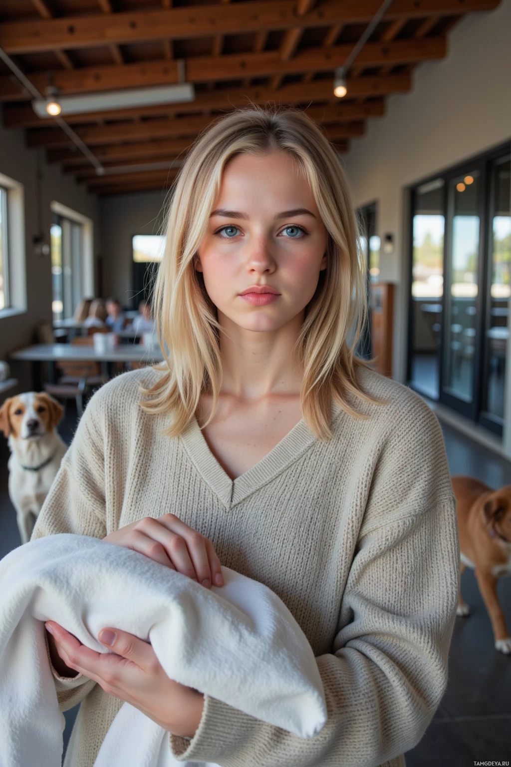 A person wearing a beige sweater holds a white cloth in a modern indoor setting with wooden beams and large windows.