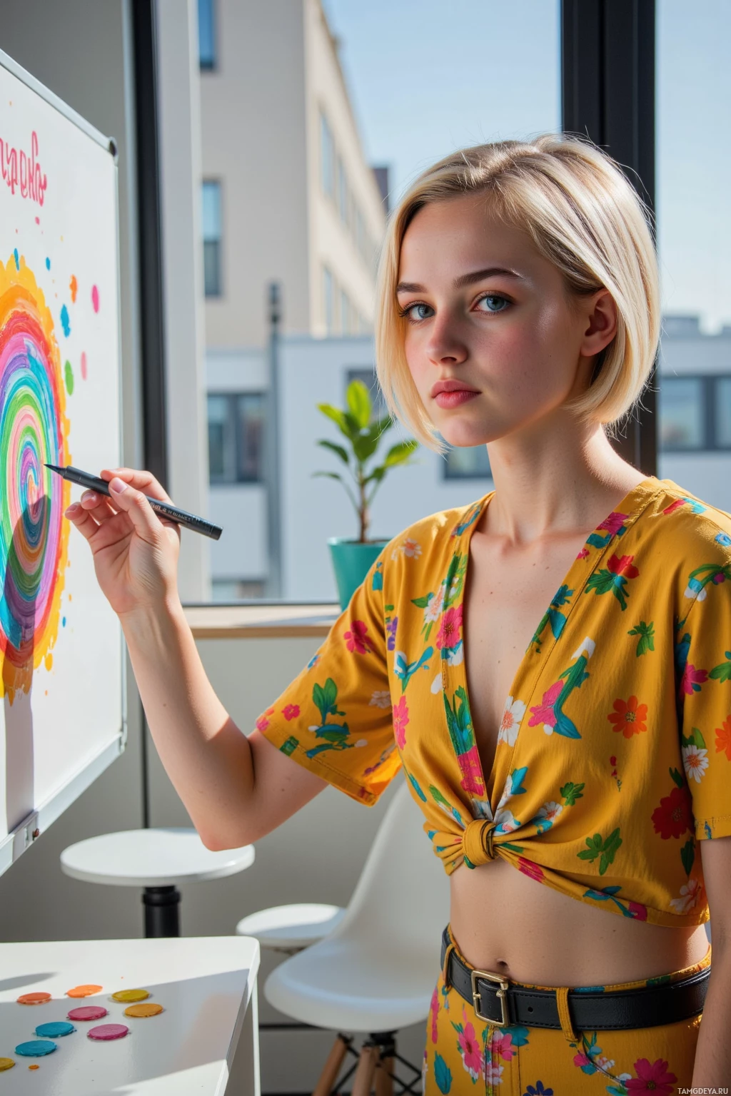 A person in a floral top is holding a marker near a colorful drawing on a whiteboard.