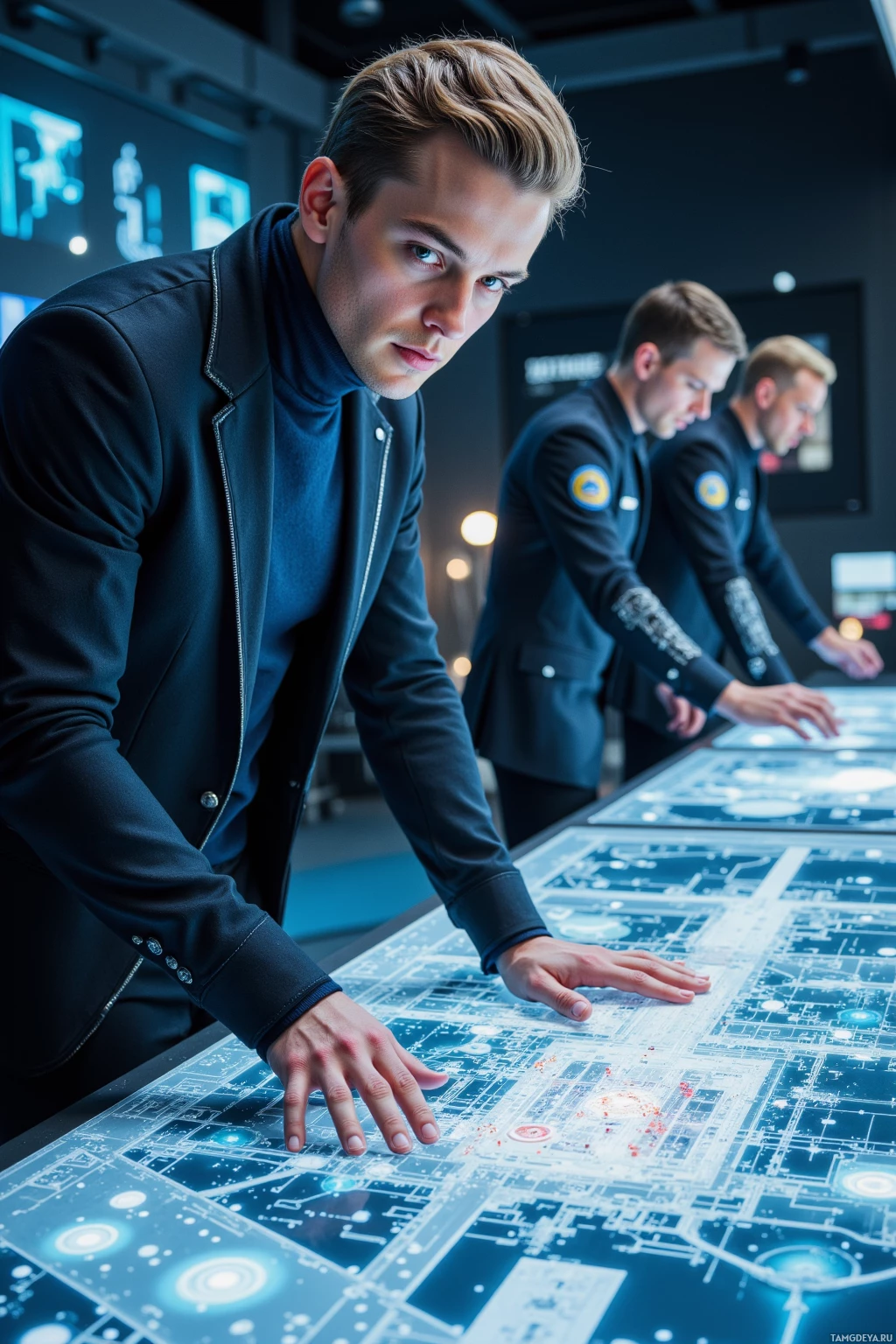 Three individuals in dark uniforms are interacting with a large, illuminated, interactive map or display.