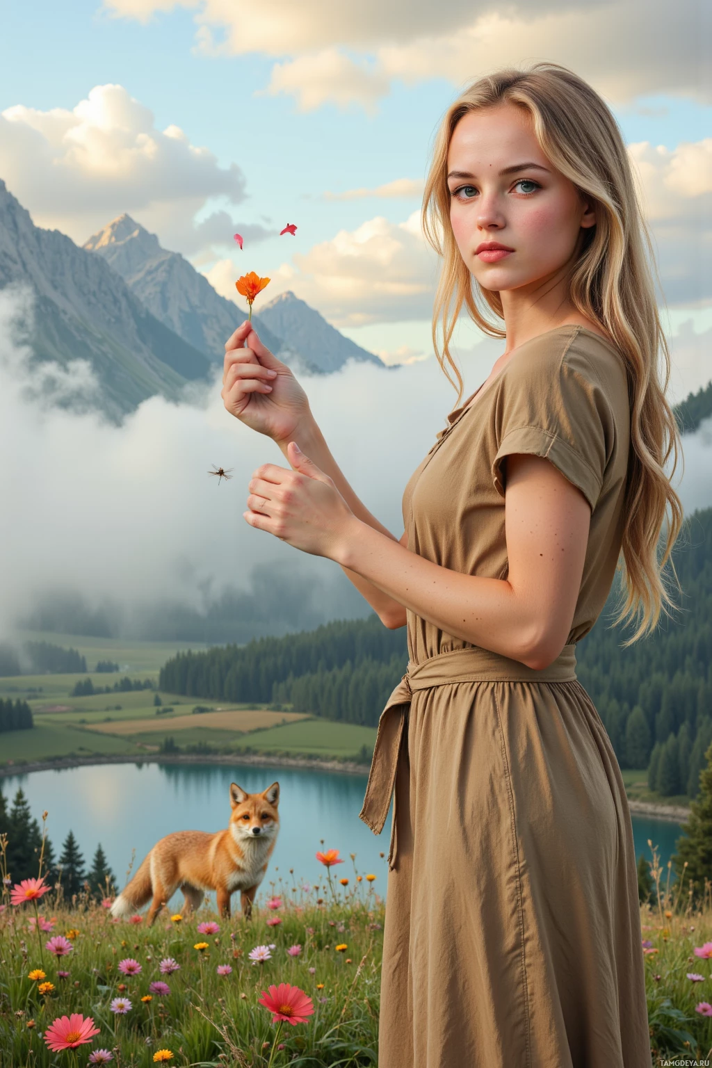 A woman in a brown dress stands in a picturesque mountain landscape, holding a flower, with a fox and a serene lake in the background.