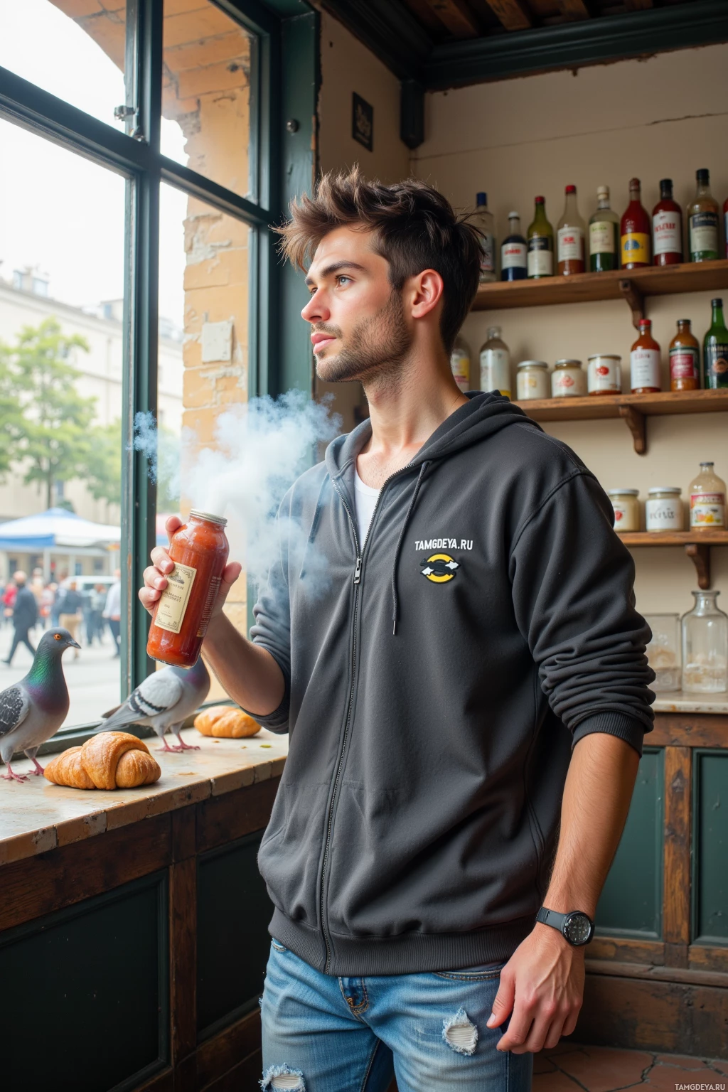 A man in a hoodie stands by a window, holding a jar of sauce.