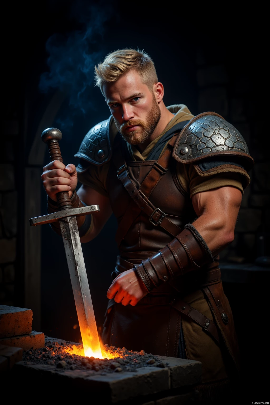 A warrior in armor holds a glowing sword in a dark, smoky environment.
