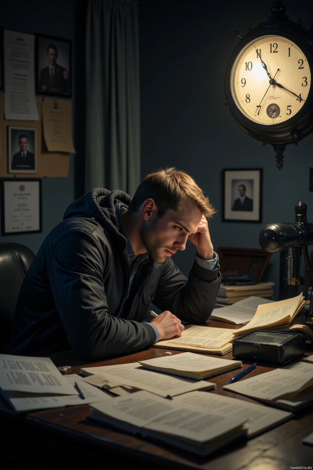A man is sitting at a desk, writing in a notebook under the light of a desk lamp.