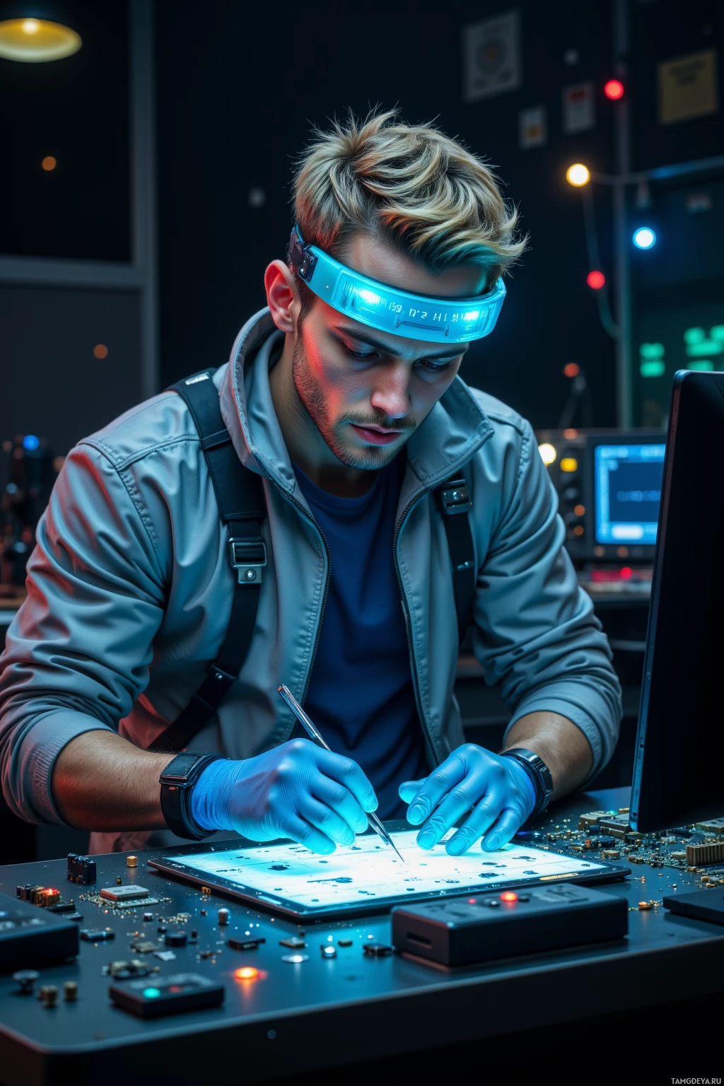 A person wearing a futuristic headband and gloves works on a circuit board in a dimly lit lab.