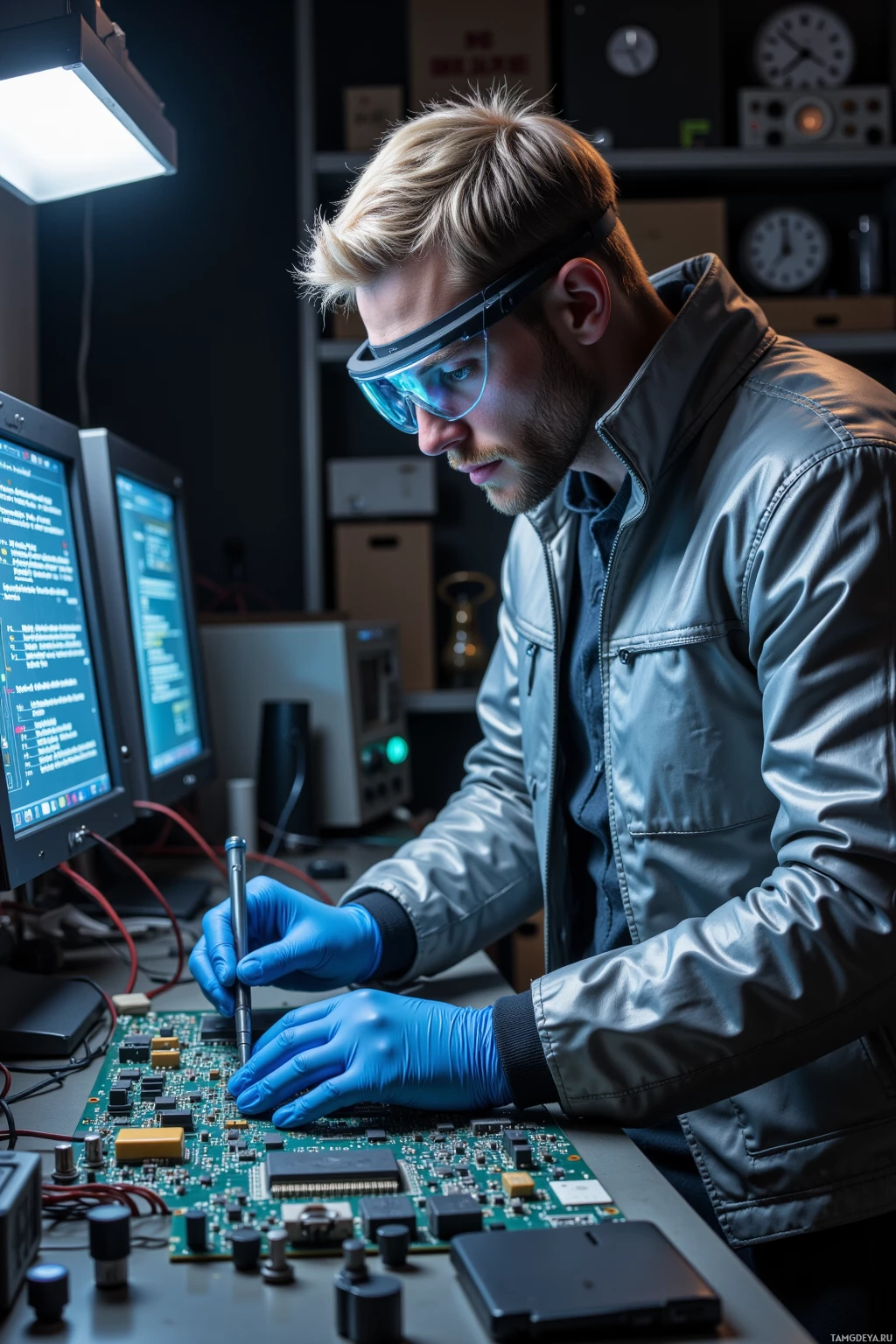 A person wearing gloves and safety goggles works on a circuit board in a dimly lit workspace.