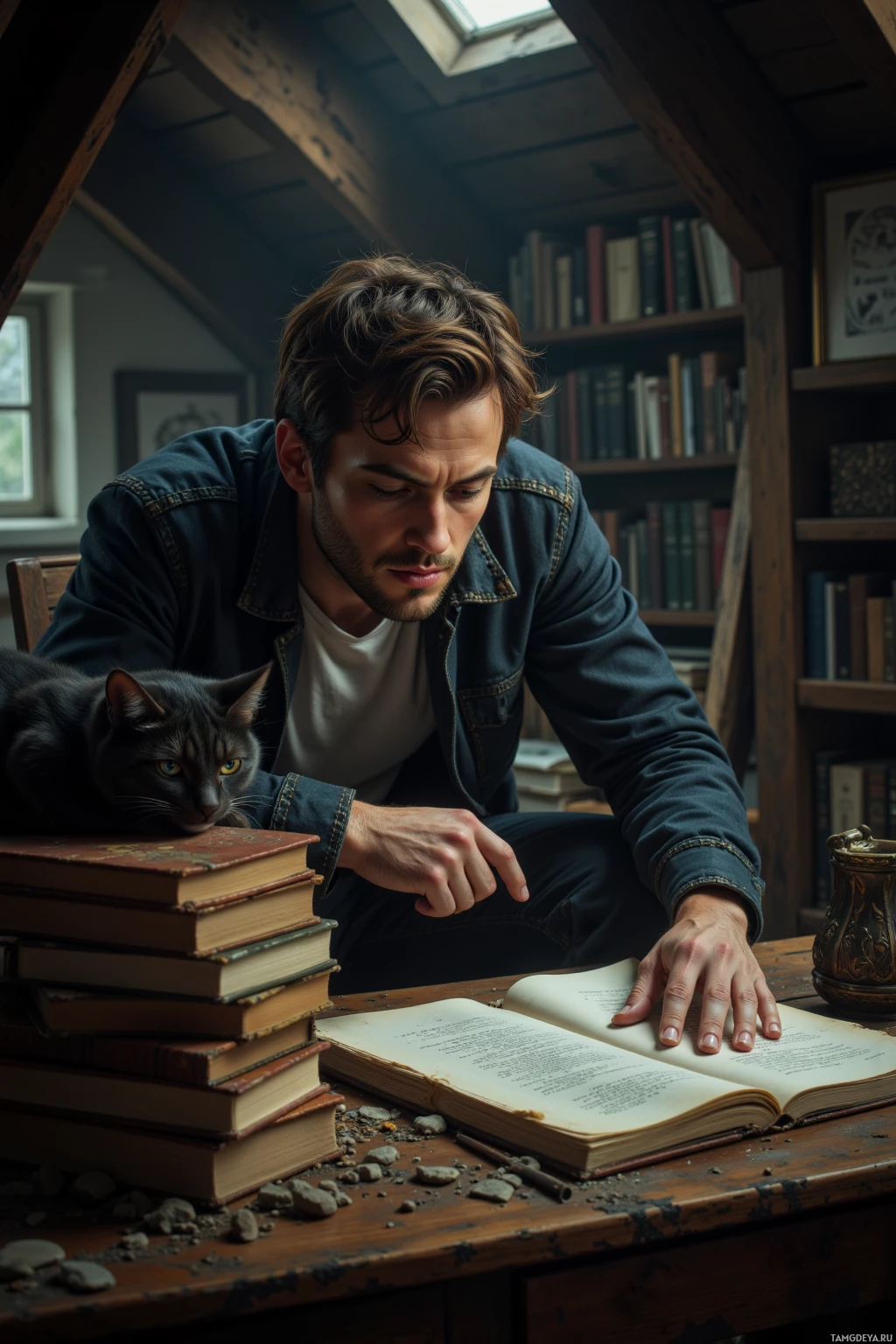 A man reads a book with a cat resting beside him in a cozy room.