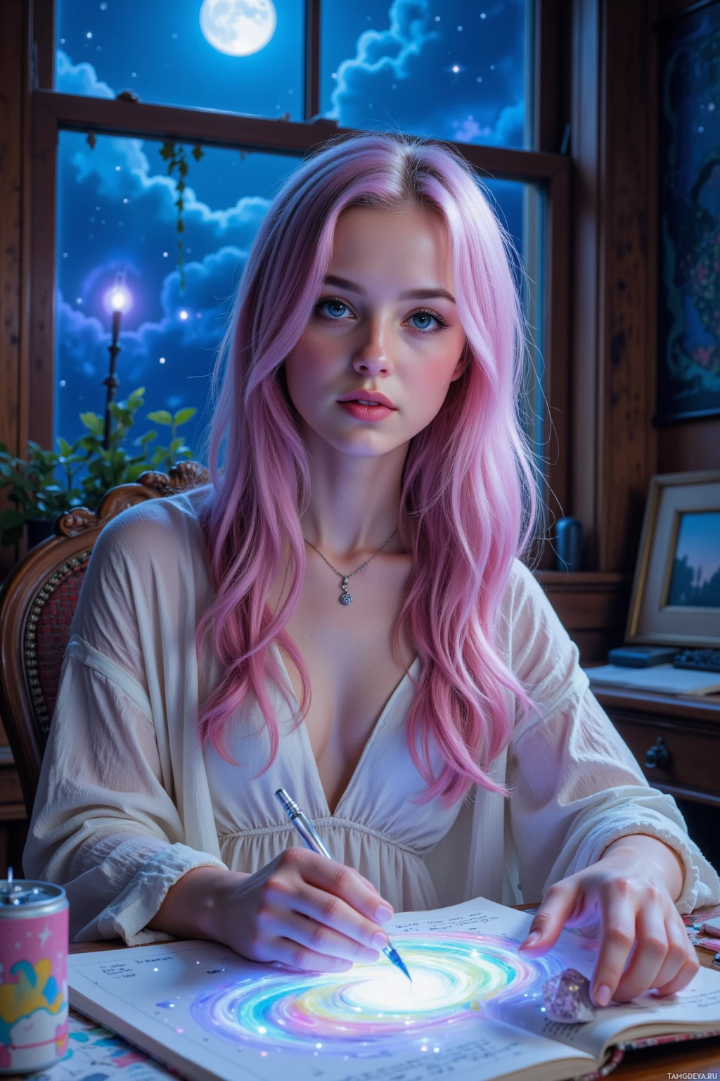 A person with pink hair sits at a desk, writing in a notebook with a glowing, colorful swirl emanating from the pen.
