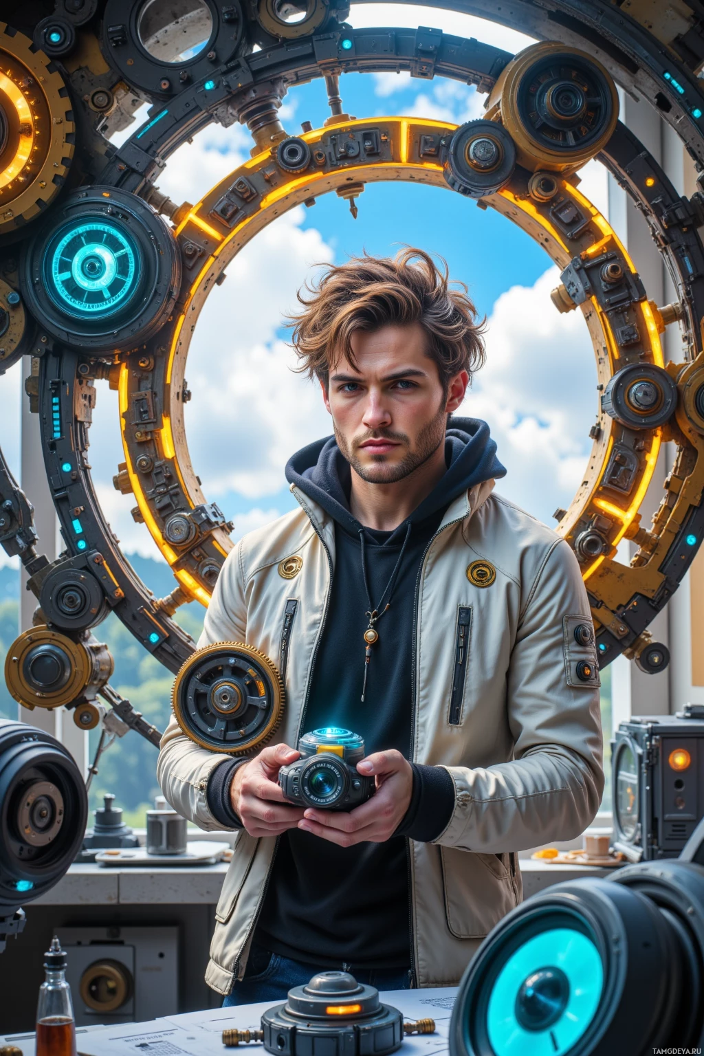 A person stands in front of a large, intricate mechanical structure, holding a camera.