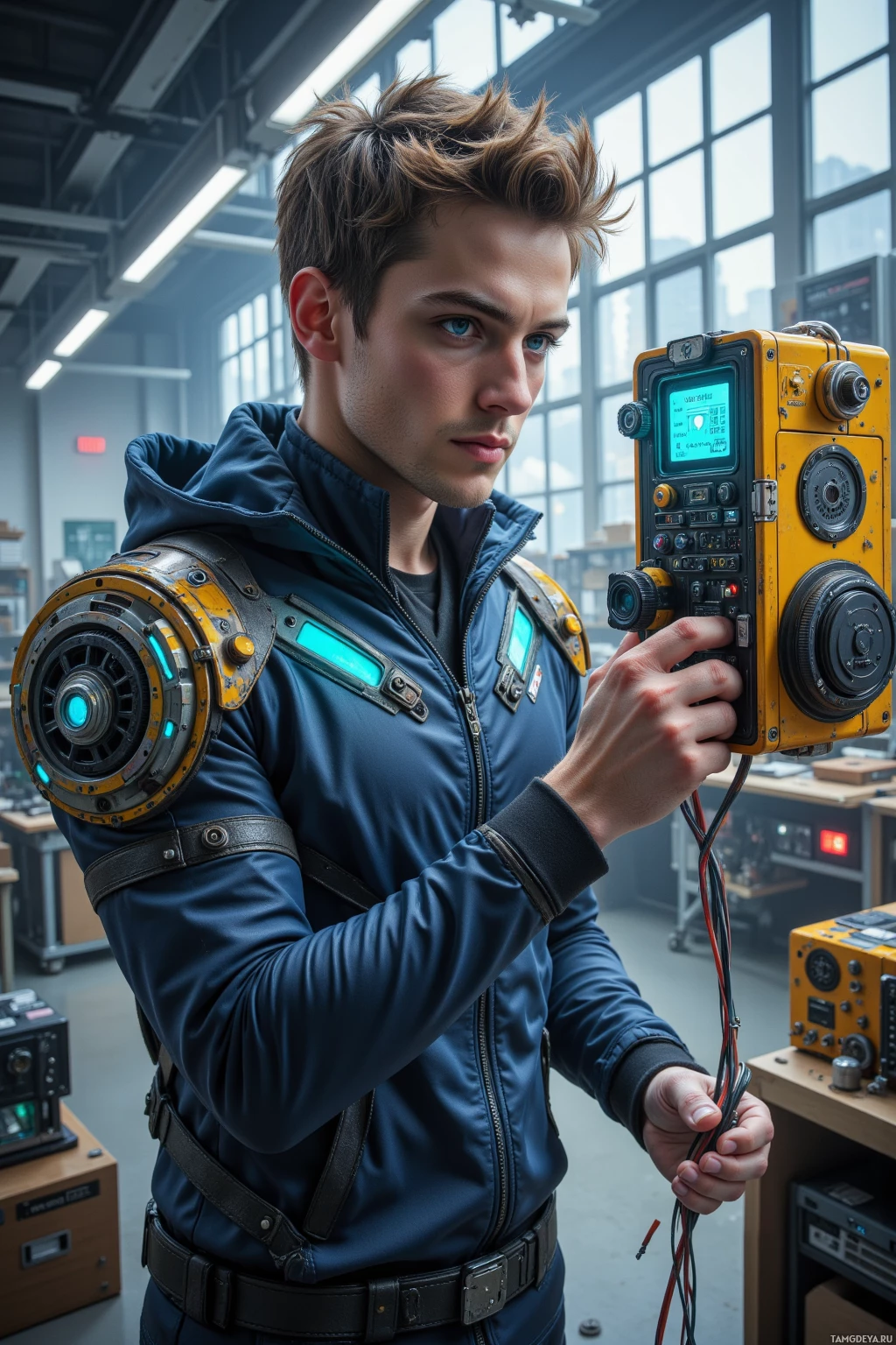 A person in a futuristic outfit holds a large, detailed device in a tech-laden environment.