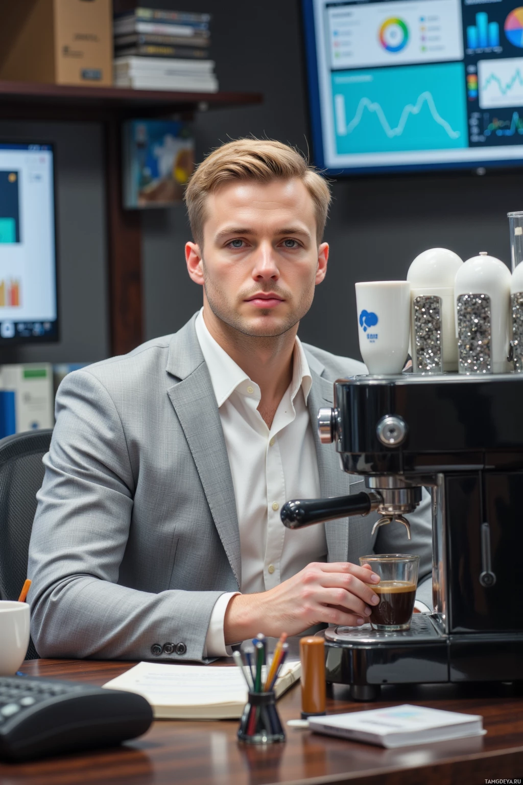 A man in a suit sits at a desk with a coffee machine, holding a cup of coffee.