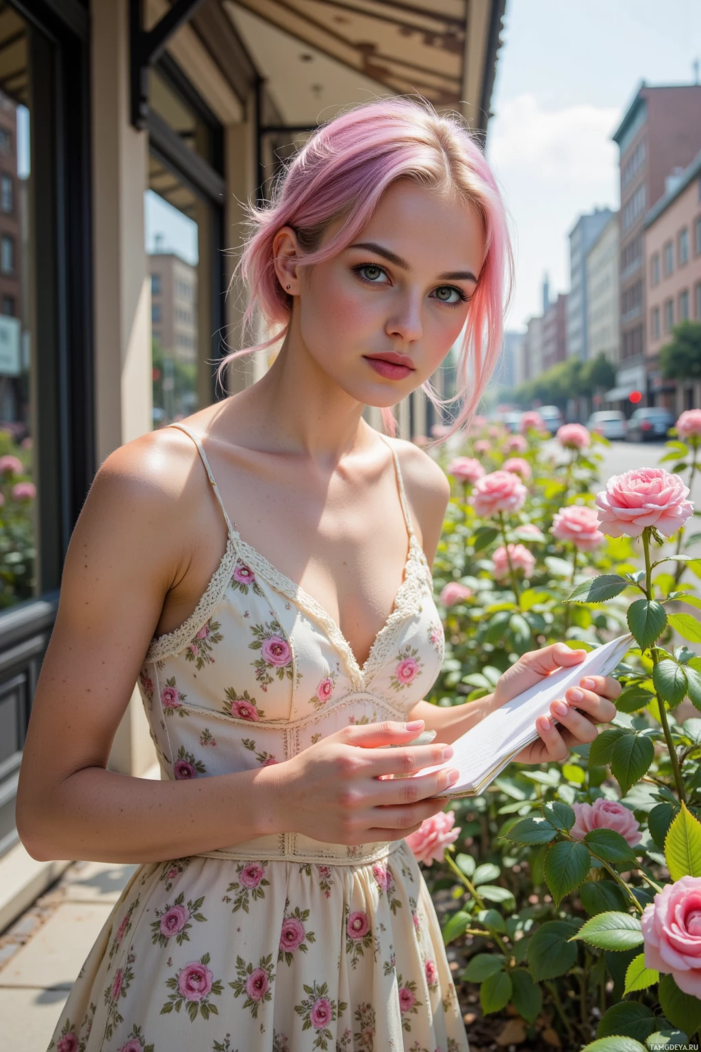 A woman with pink hair in a floral dress stands near a rose bush, holding a book.