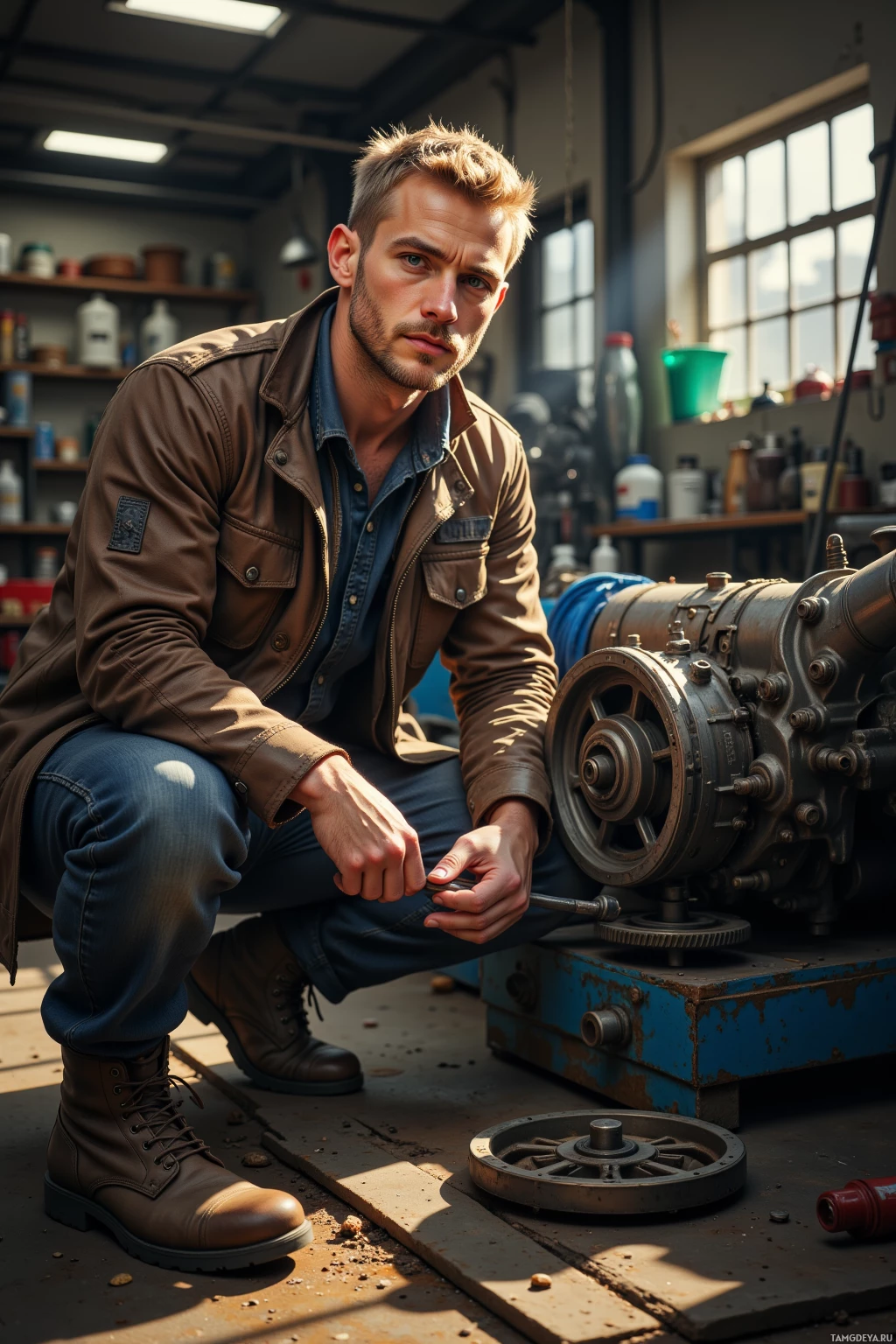 A man in a workshop setting, crouching and working on a mechanical device.