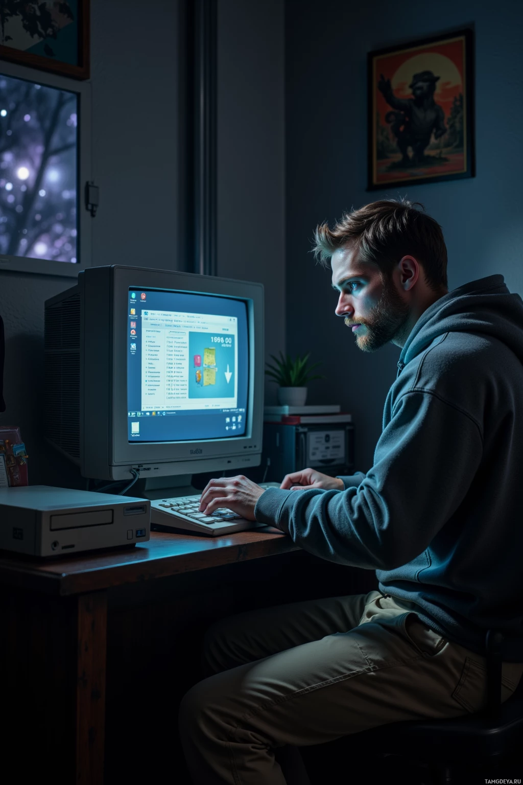 A person is sitting at a desk, working on an old computer with a CRT monitor.