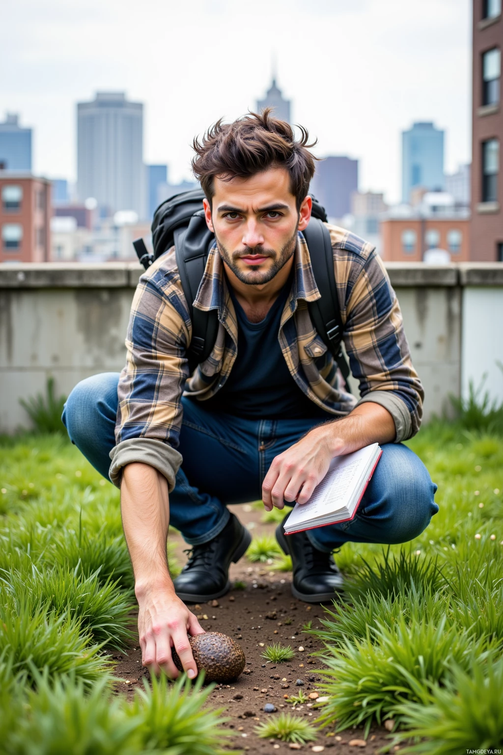 A man crouches on a rooftop, holding a notebook and examining a rock.
