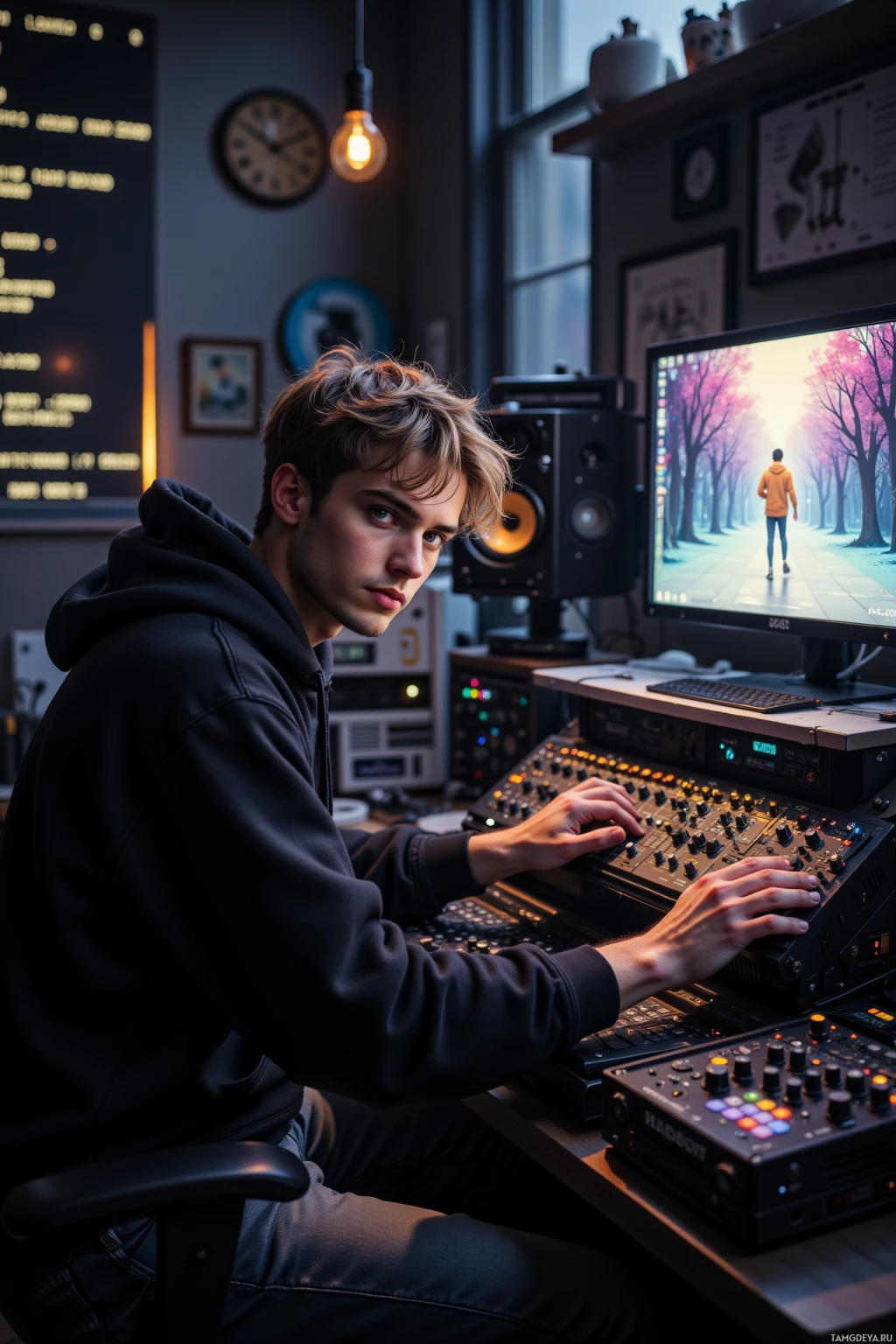 A person is seated at a desk in a studio, working with audio equipment and a computer displaying a scenic image.