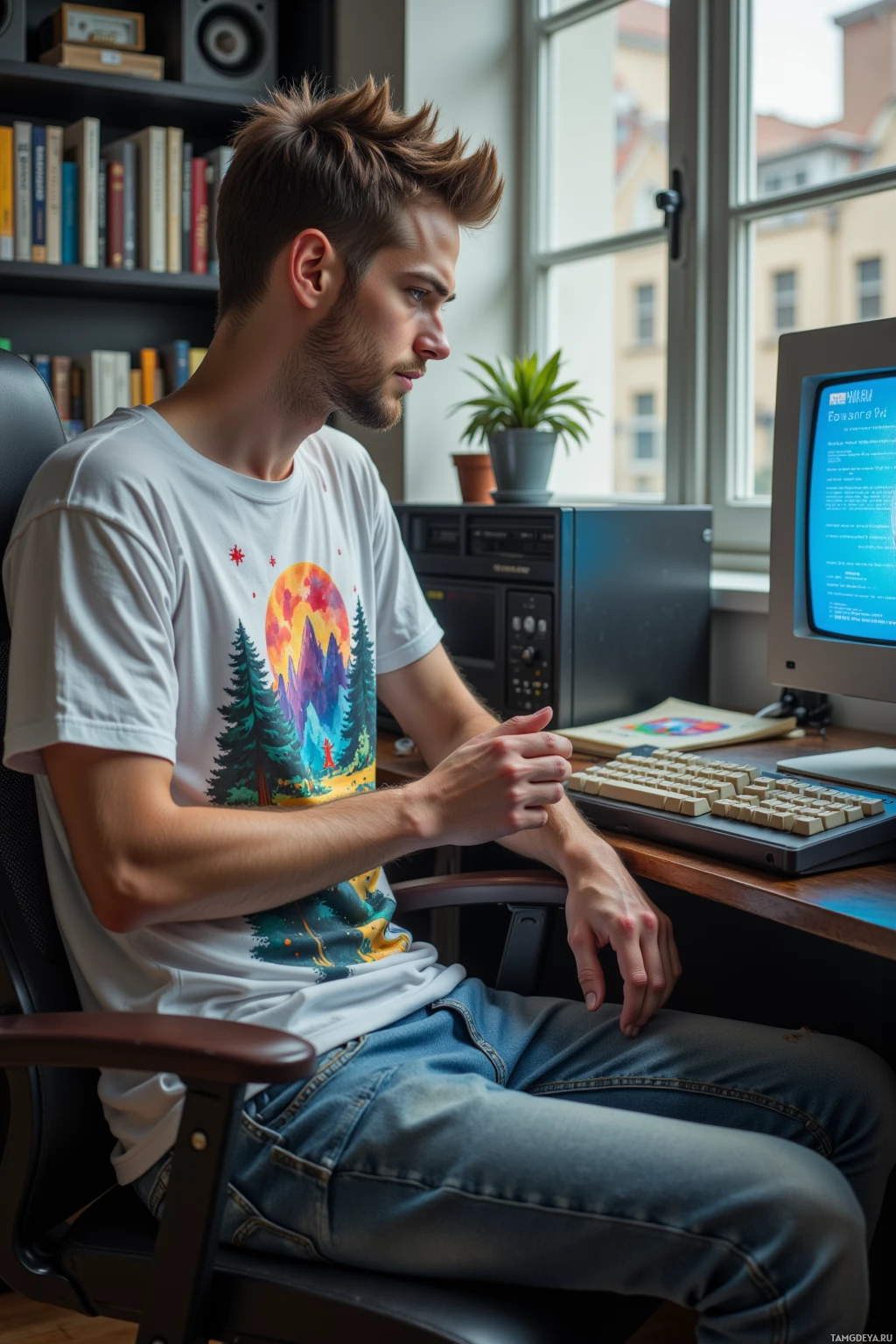 A person sits at a desk in front of a computer, wearing a t-shirt with a colorful design, with a bookshelf and window in the background.