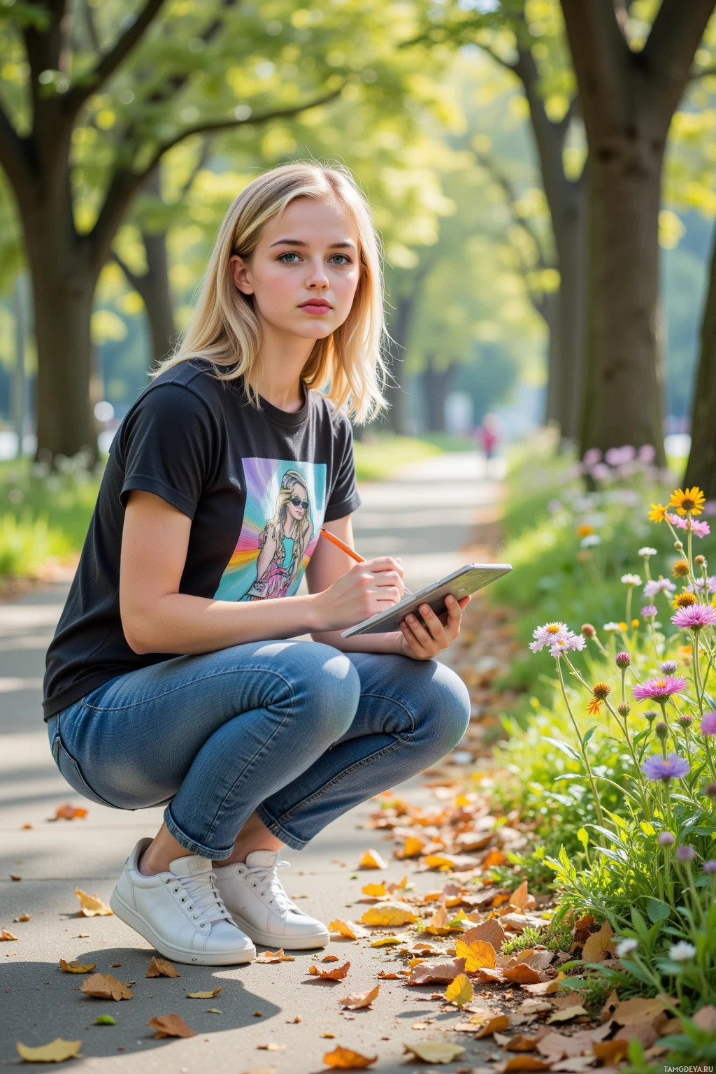 A person crouches in a park, holding a tablet and pen, surrounded by flowers and fallen leaves.