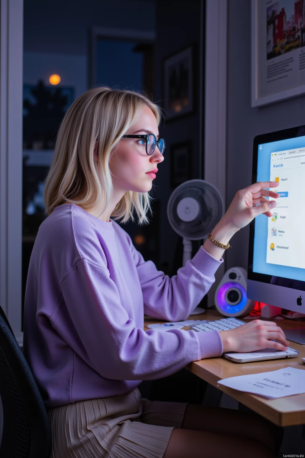 A person wearing glasses and a purple sweater is working at a desk with a computer.